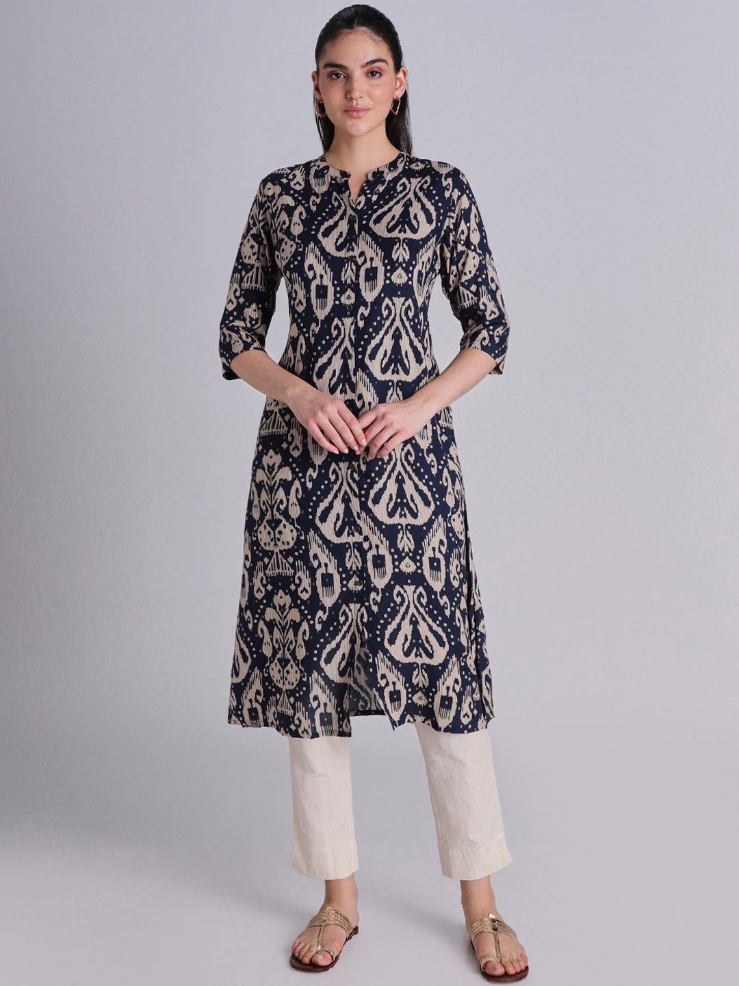 

House Of Dharaa Women Ethnic Motifs Printed Mandarin Collar A-line Kurta, Blue