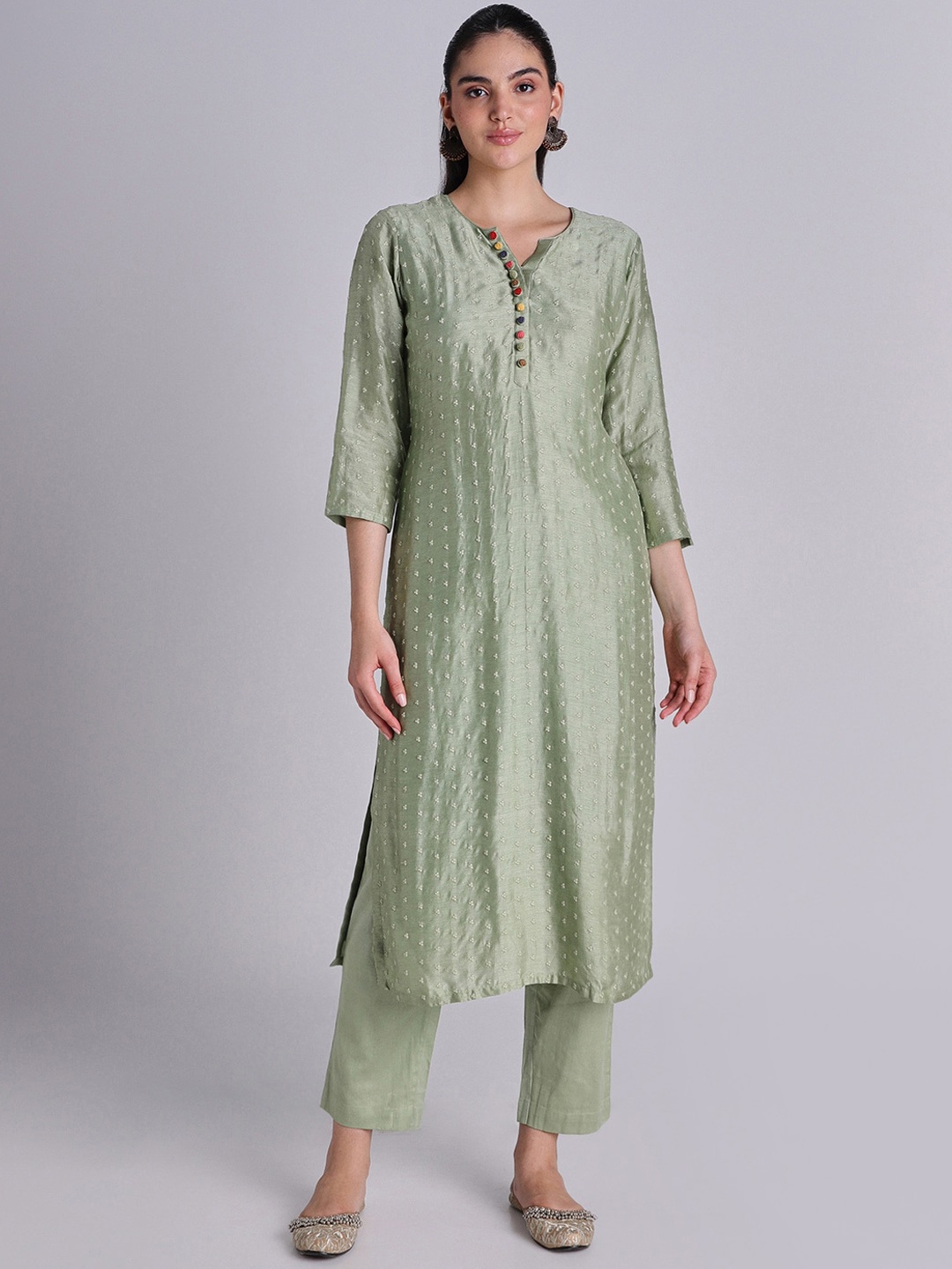 

House Of Dharaa Embroidered Regular Thread Work Raw Silk Straight Kurta Set, Lime green