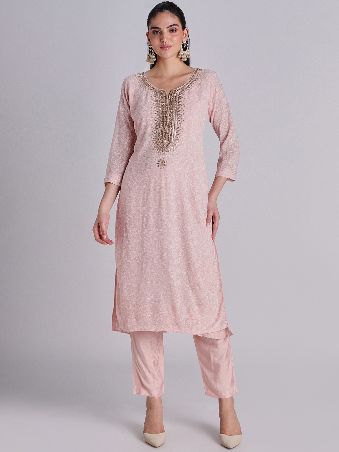 

House Of Dharaa Ethnic Motifs Embroidered Straight Kurta With Trousers & Dupatta, Peach