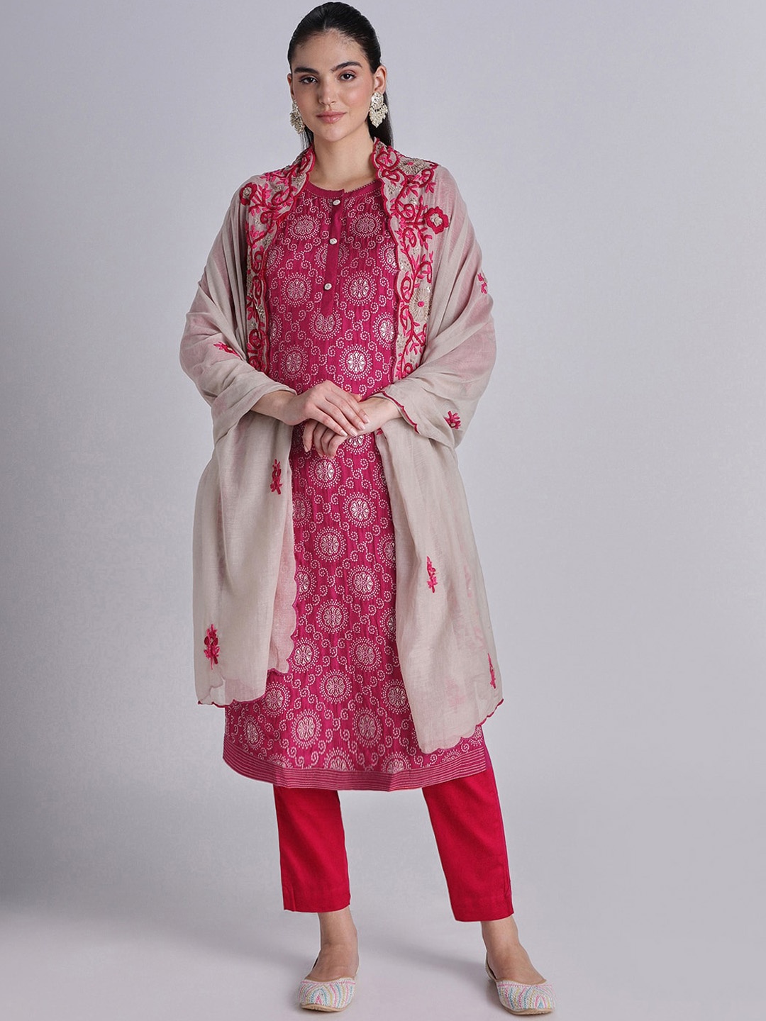 

House Of Dharaa Ethnic Motifs Woven Design Straight Kurta With Trousers & Dupatta, Pink