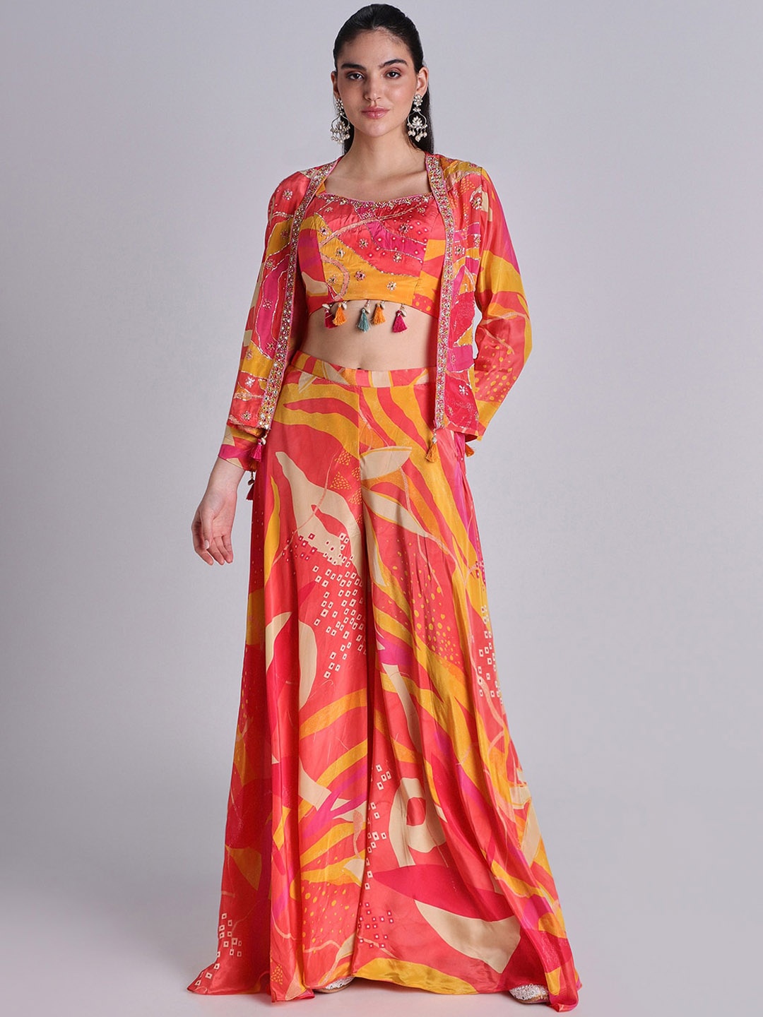 

House Of Dharaa Abstract Printed Top Trouser & Shrug, Orange