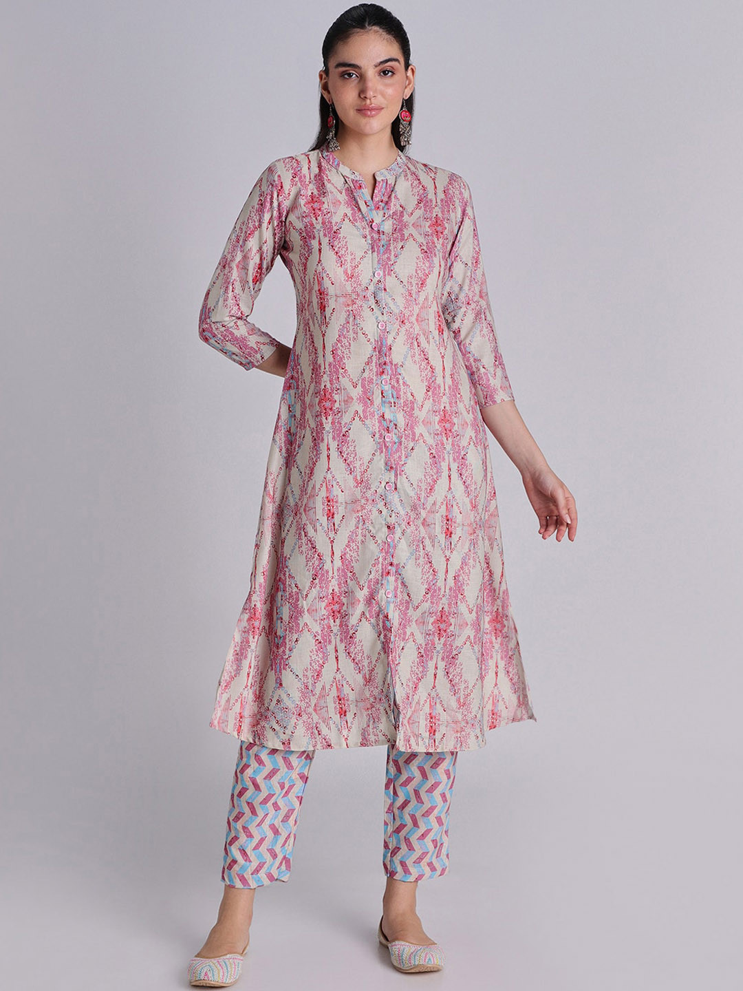 

House Of Dharaa Printed Regular Pure Cotton Straight Kurta with Trousers & Dupatta, Pink