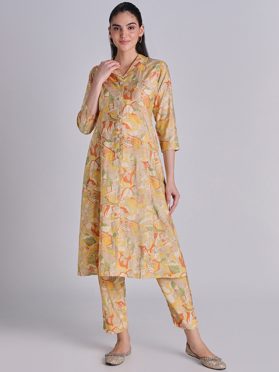 

House Of Dharaa Floral Printed Shirt Collar Pure Cotton Anarkali Kurta With Trouser, Yellow