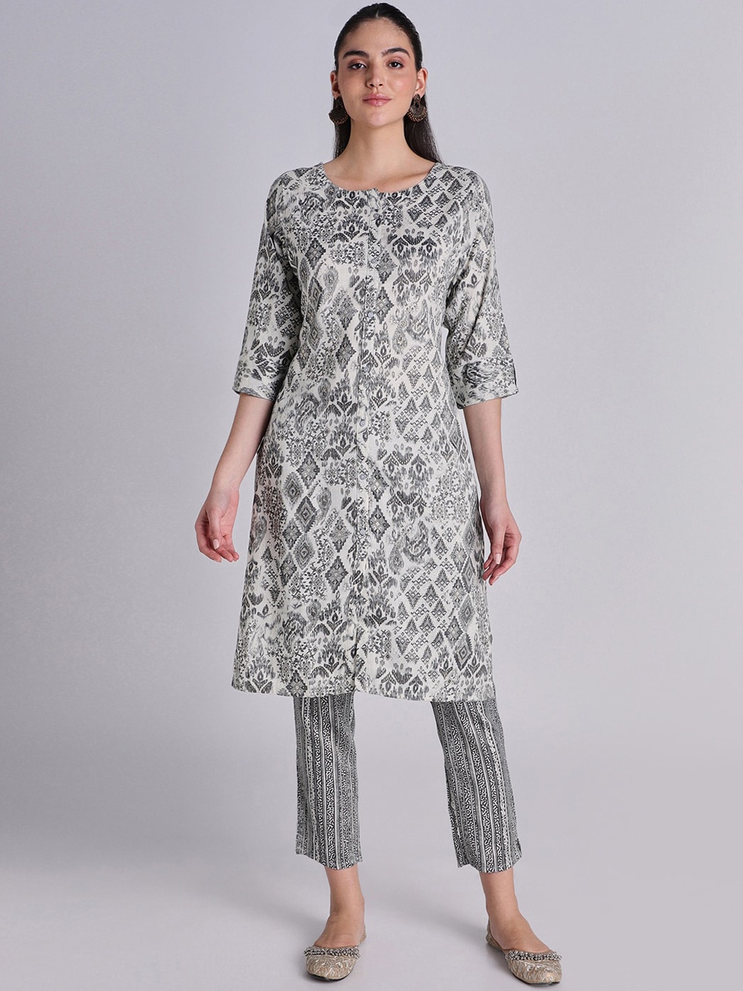 

House Of Dharaa Geometric Printed Regular Pure Cotton Straight Kurta With Trouser, Grey