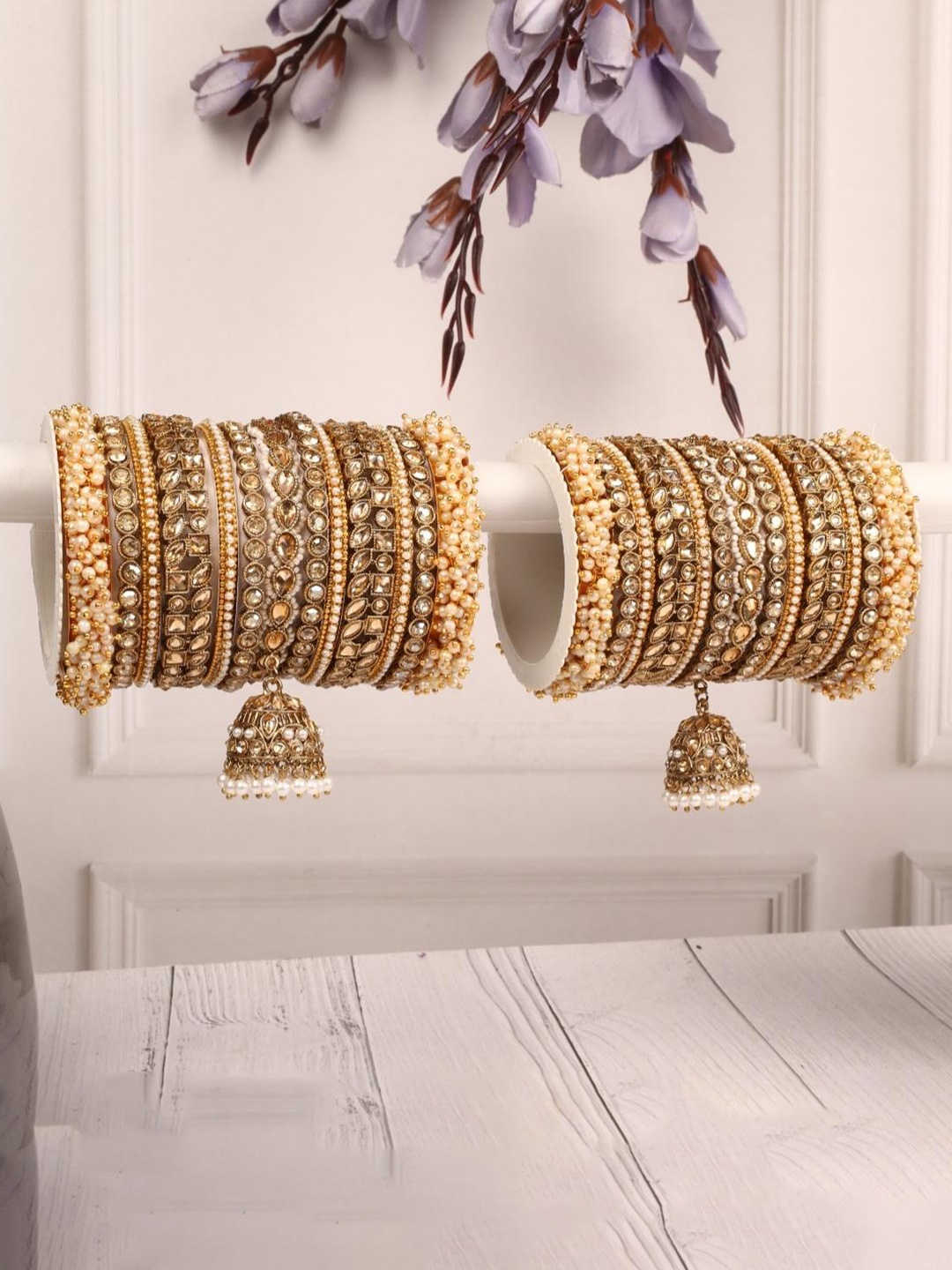 

leshya Set Of 26 Brass Plated Stones Studded & Beaded With Jhumki Bangles, Beige