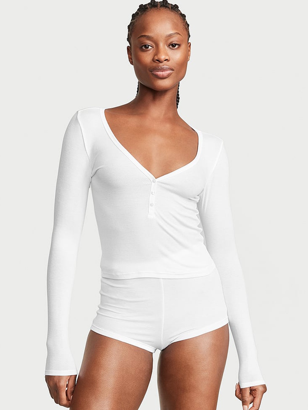 

Victoria's Secret Henley Neck Ribbed Night suit, White