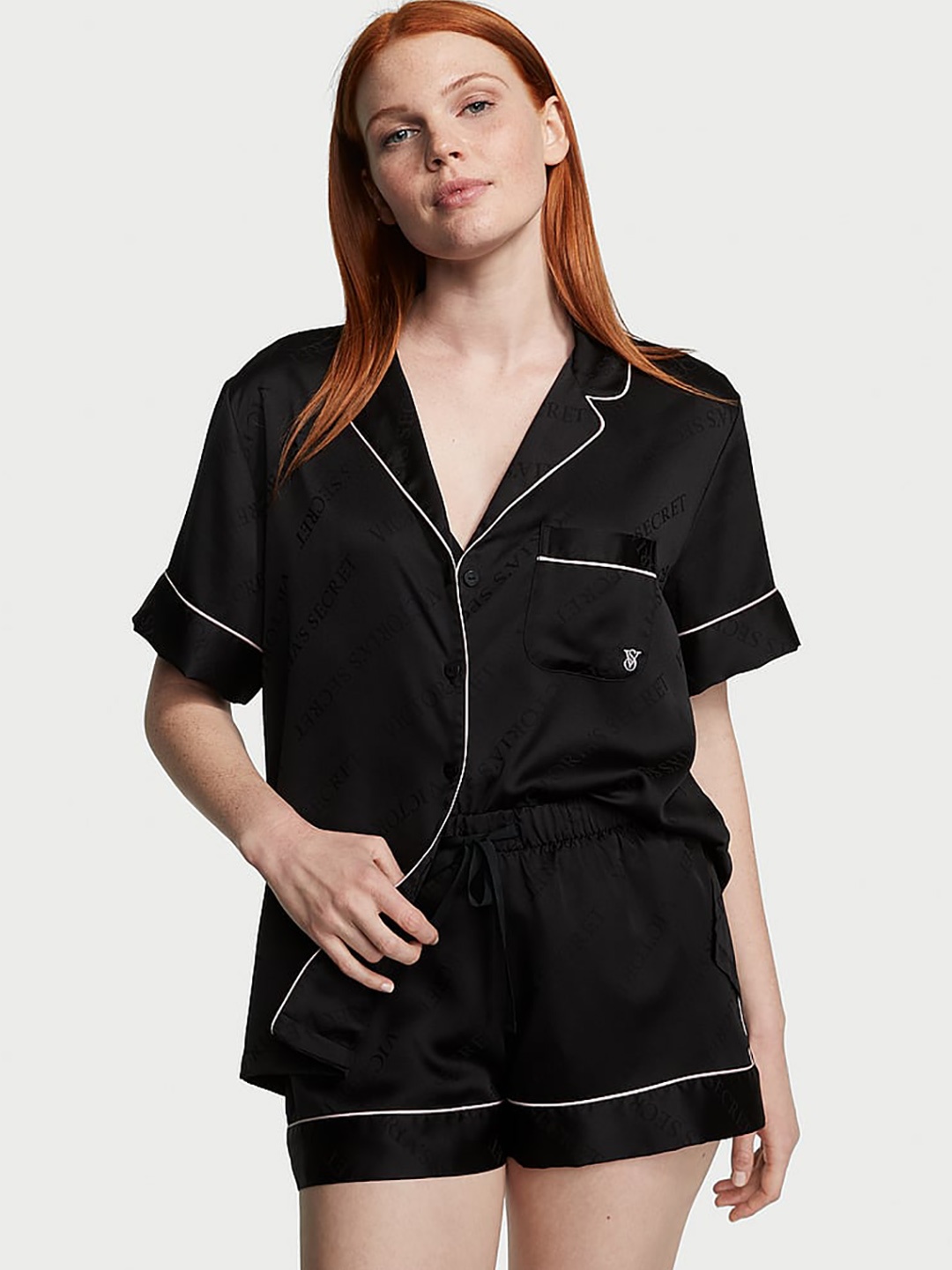 

Victoria's Secret Lapel Collar Satin Night Suit, Black