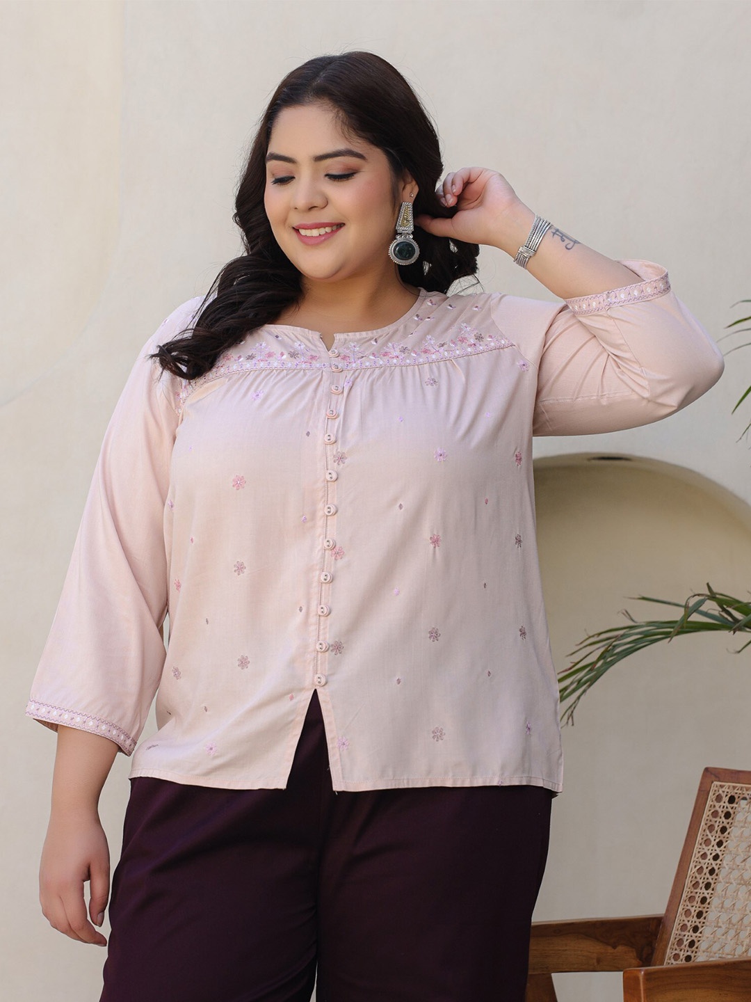 Juniper Plus Size Floral Embroidered Tunic, Nude