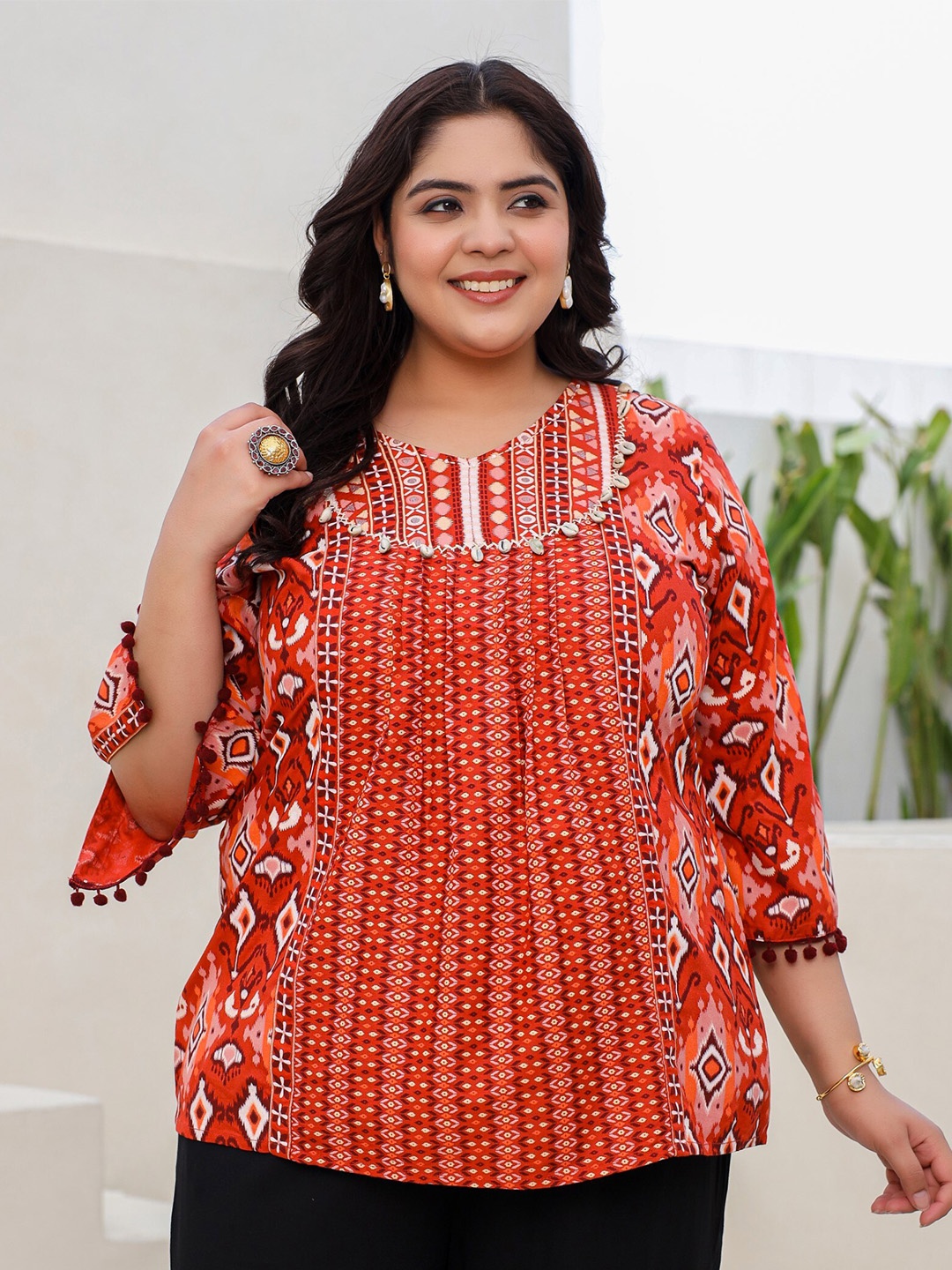 

Juniper Plus Size Ikat Printed Pom Pom Tunic, Rust