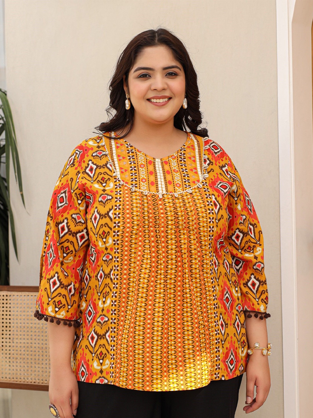 

Juniper Plus Size Ikat Printed Pom Pom Tunic, Mustard