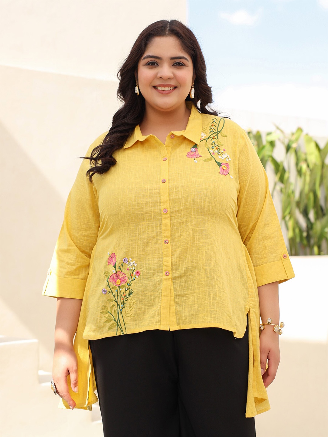 Juniper Plus Size Shirt Collar Embroidered Cotton Tunic, Yellow