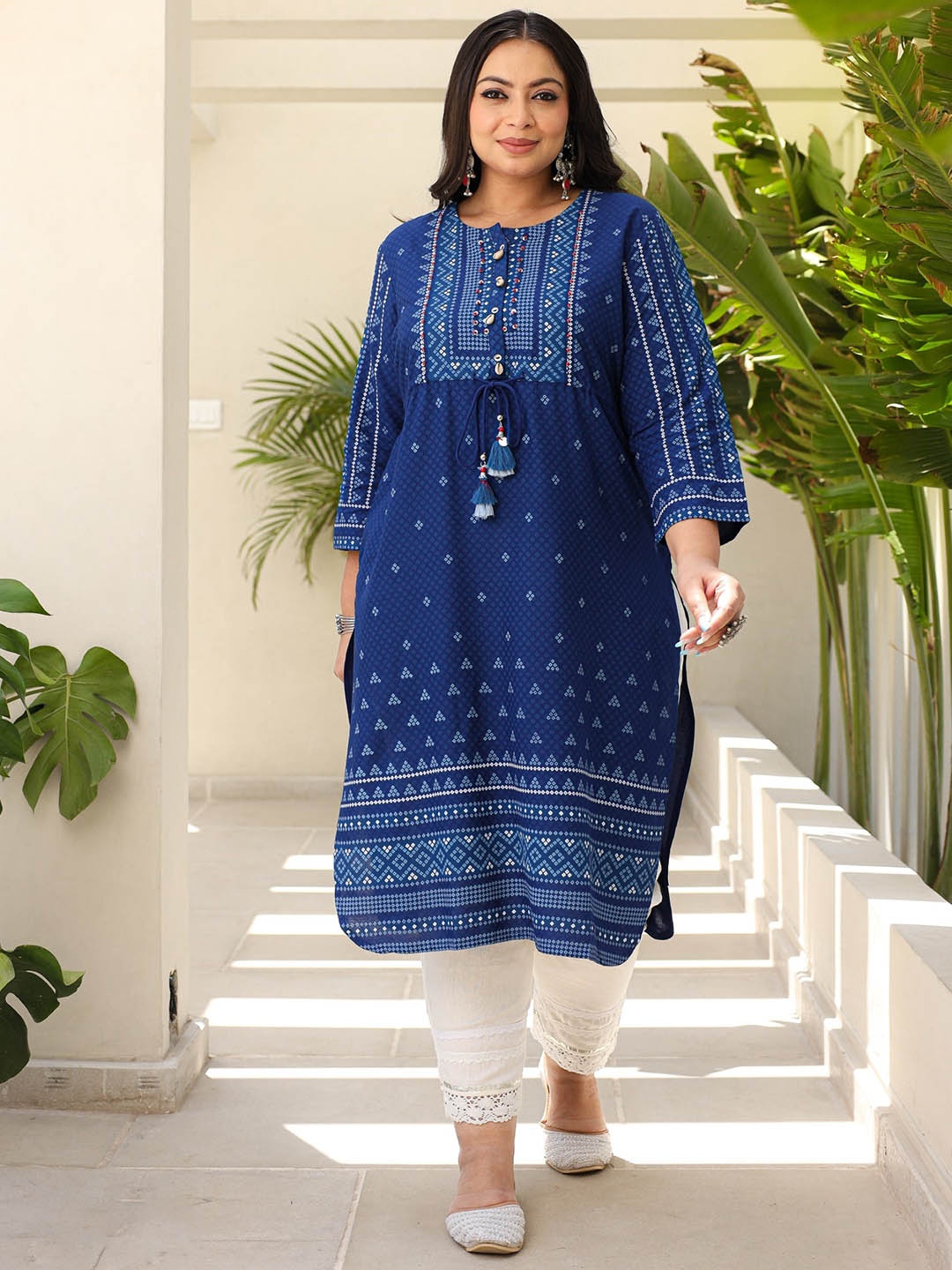 

Juniper Plus Size Geometric Printed Round Neck Three-Quarter Sleeves Liva Kurta, Blue