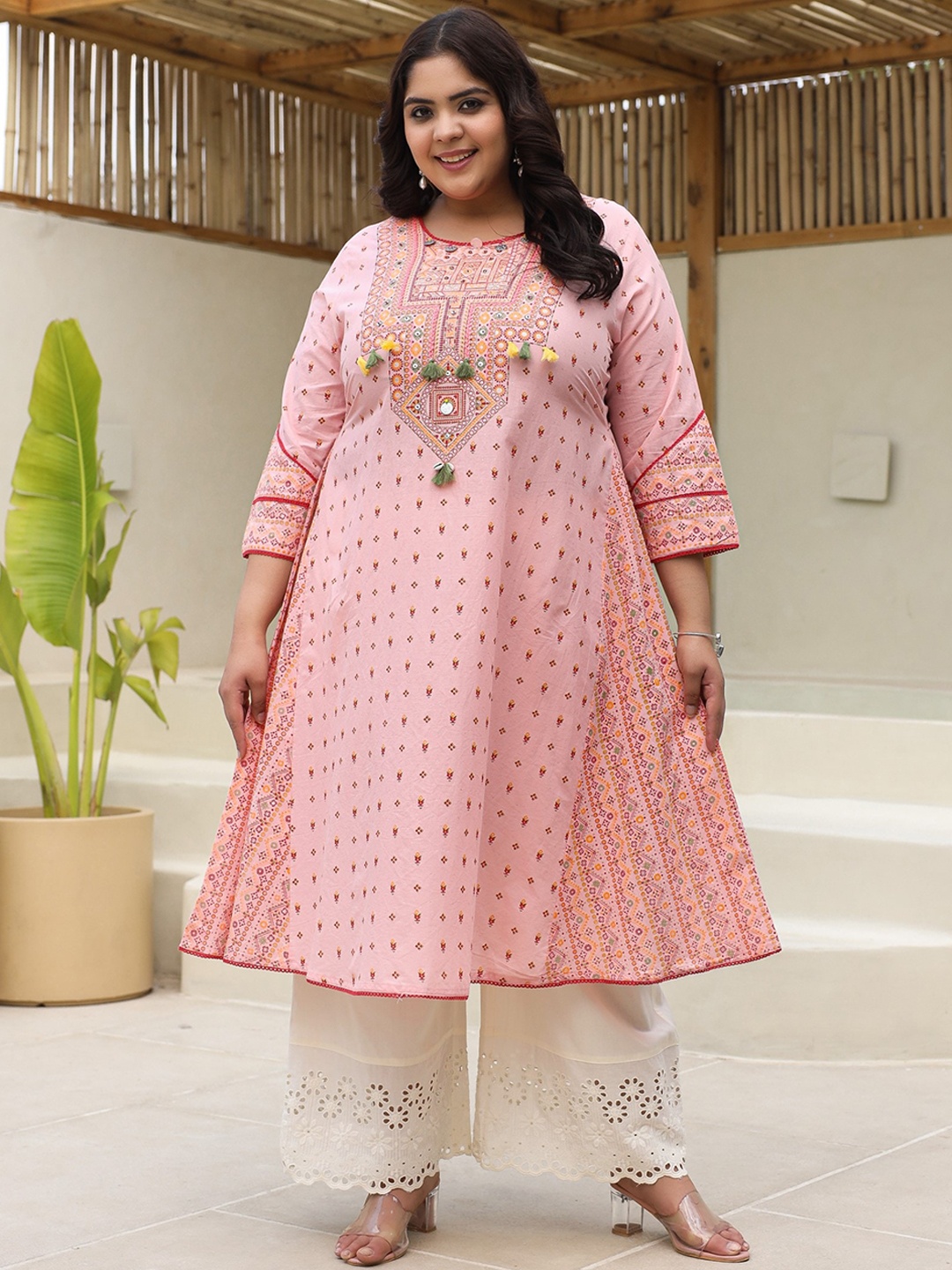

Juniper Plus Size Geometric Printed Round Neck Sequinned A-Line Kurta, Pink