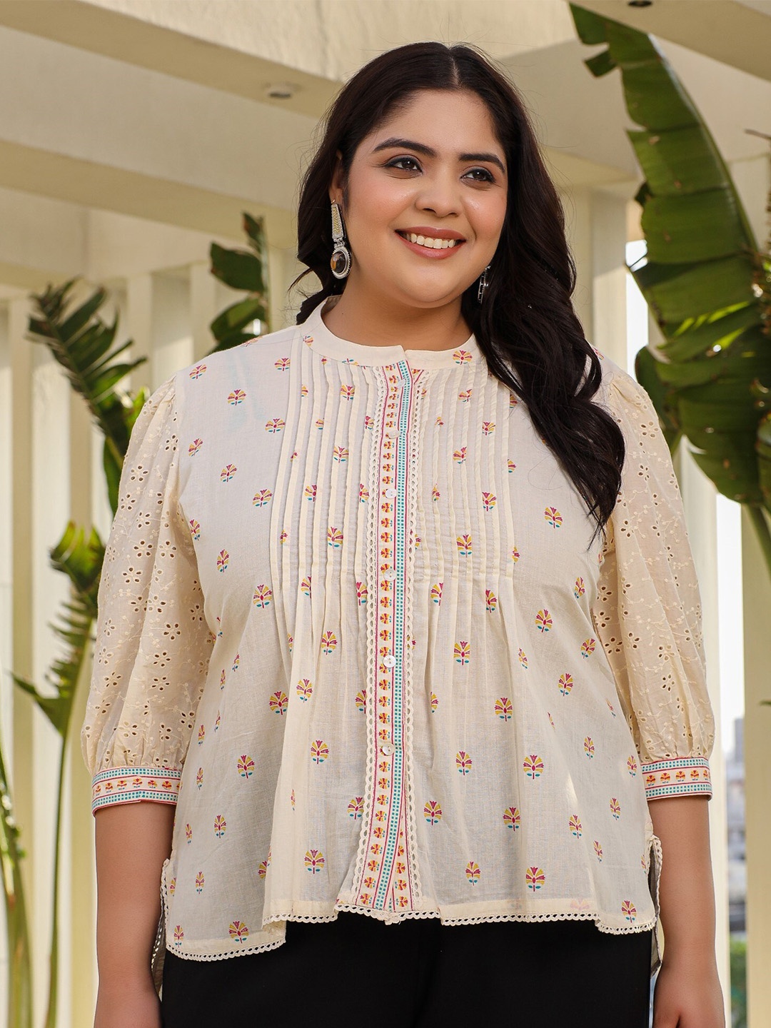 

Juniper Plus Size Mandarin Collar Printed Cotton Ethnic Tunic, Off white