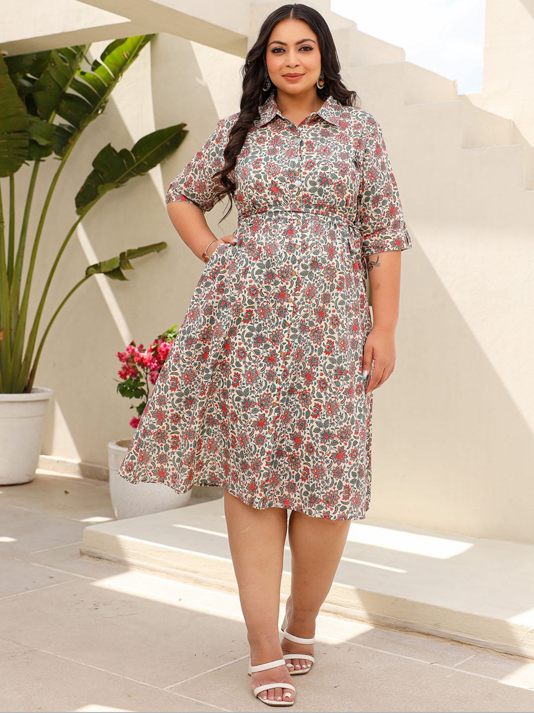 

Juniper Plus Size Beige Floral Printed Cotton A-Line Midi Ethnic Dress