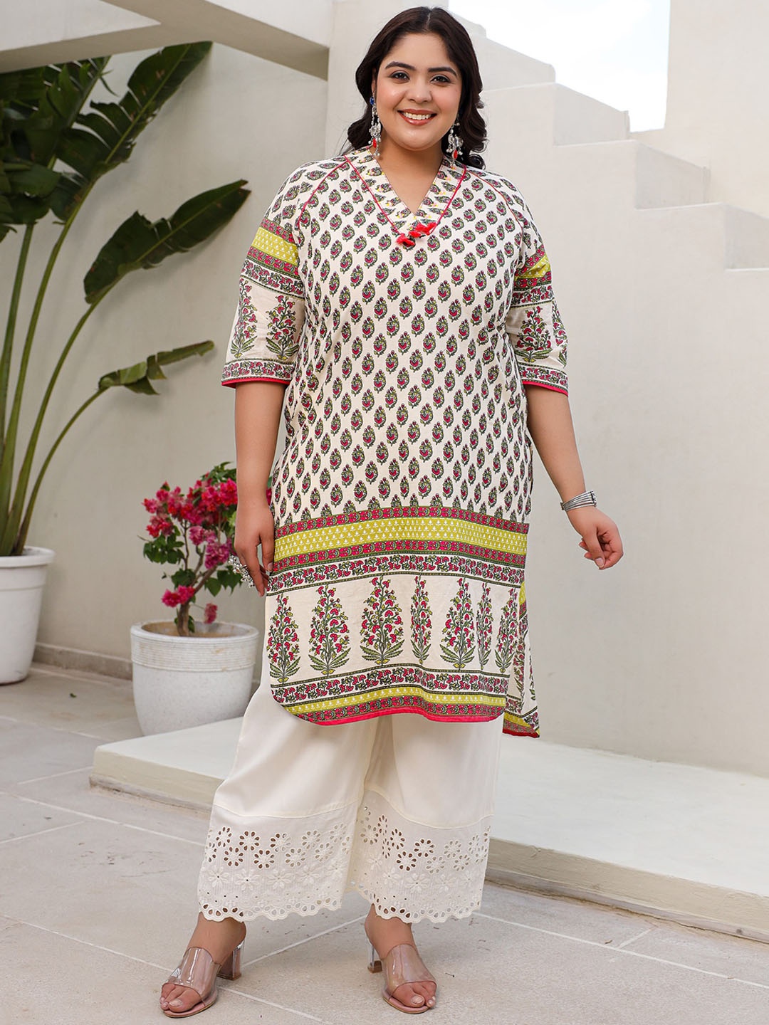 

Juniper Plus Size Geometric Printed Thread Work Cotton A-Line Kurta, Beige