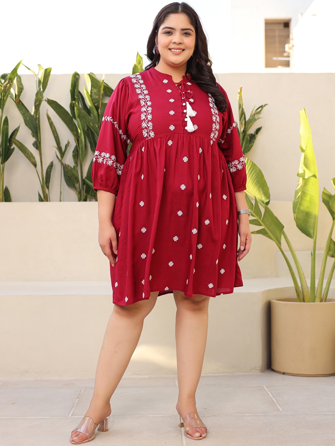 

Juniper Maroon Plus Size Embroidered Tie-Up Neck Ethnic Dress