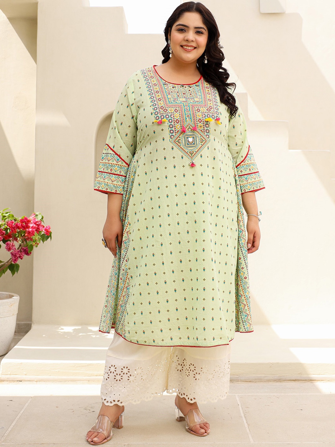 

Juniper Plus Size Floral Printed Round Neck Thread Work Cotton A-Line Kurta, Green