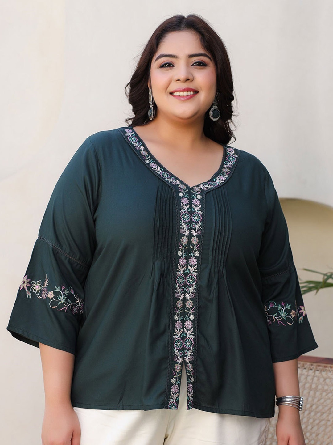 

Juniper Plus Size Embroidered Pintucked Tunic, Green