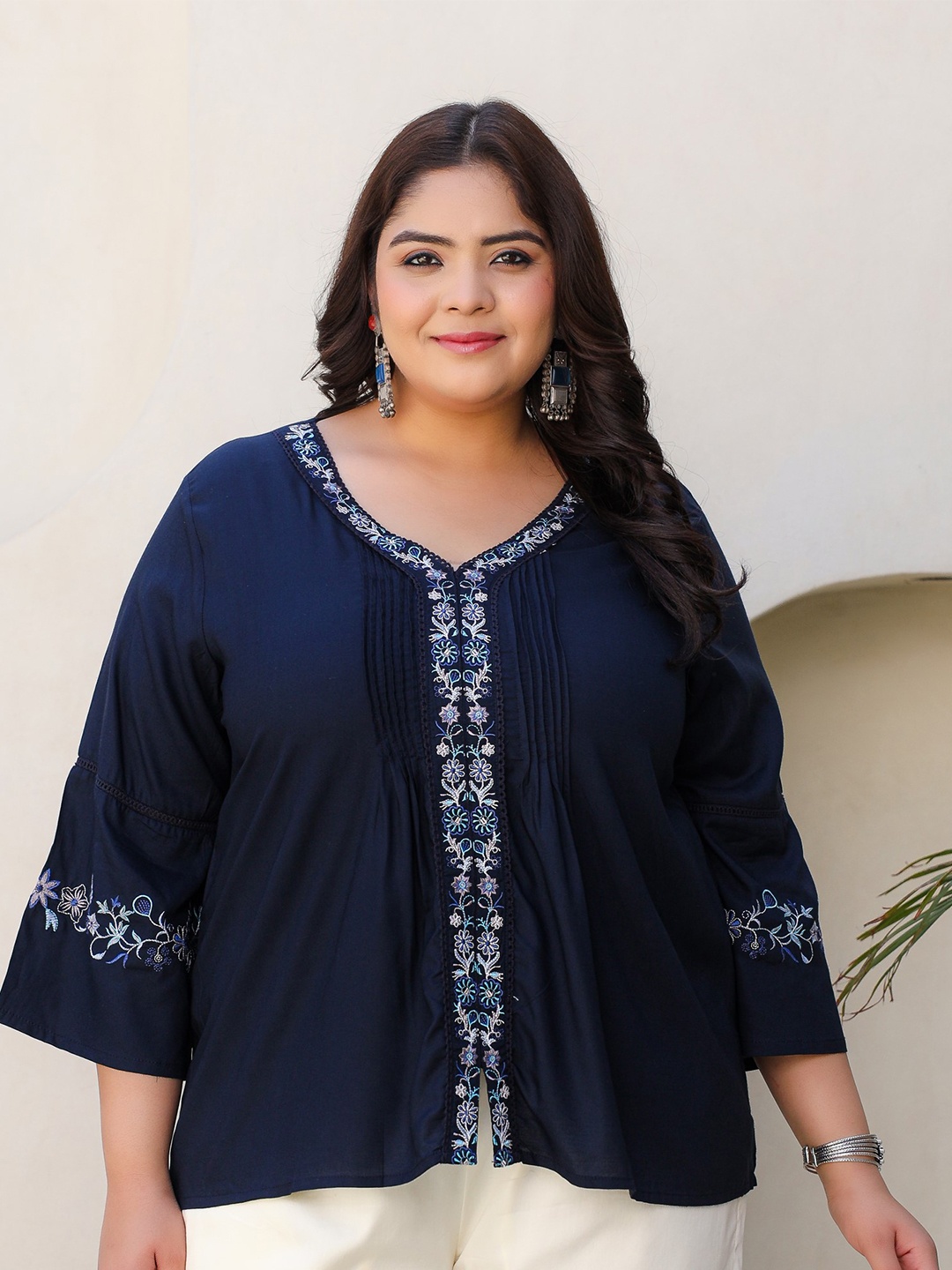 Juniper Plus Size Floral Embroidered Tunic With Pintucks, Navy blue