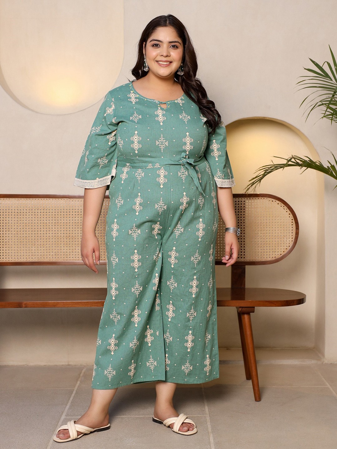 

Juniper Plus Size Printed Basic Jumpsuit, Green
