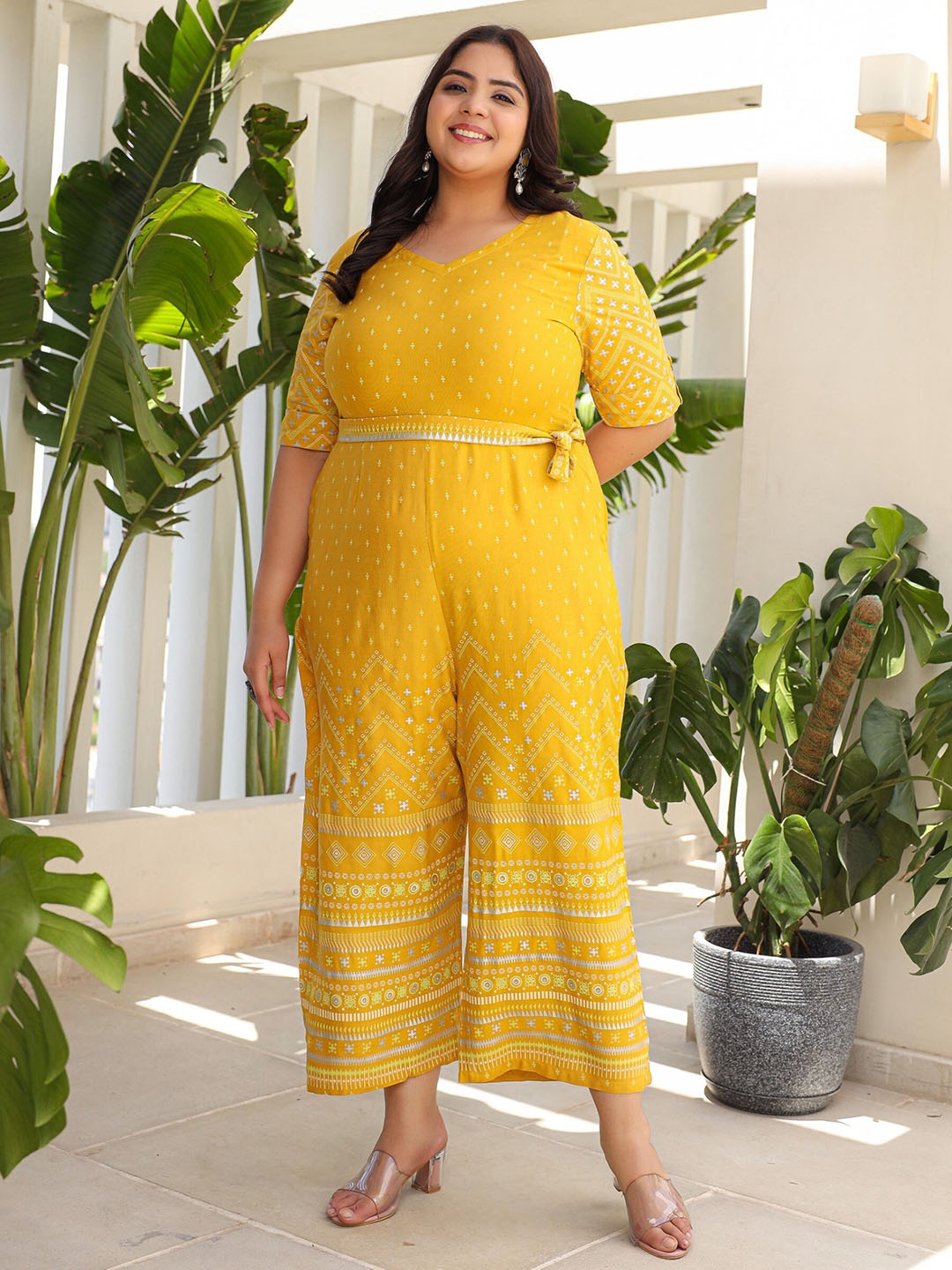 Juniper Plus Size Liva Printed Basic Jumpsuit, Mustard