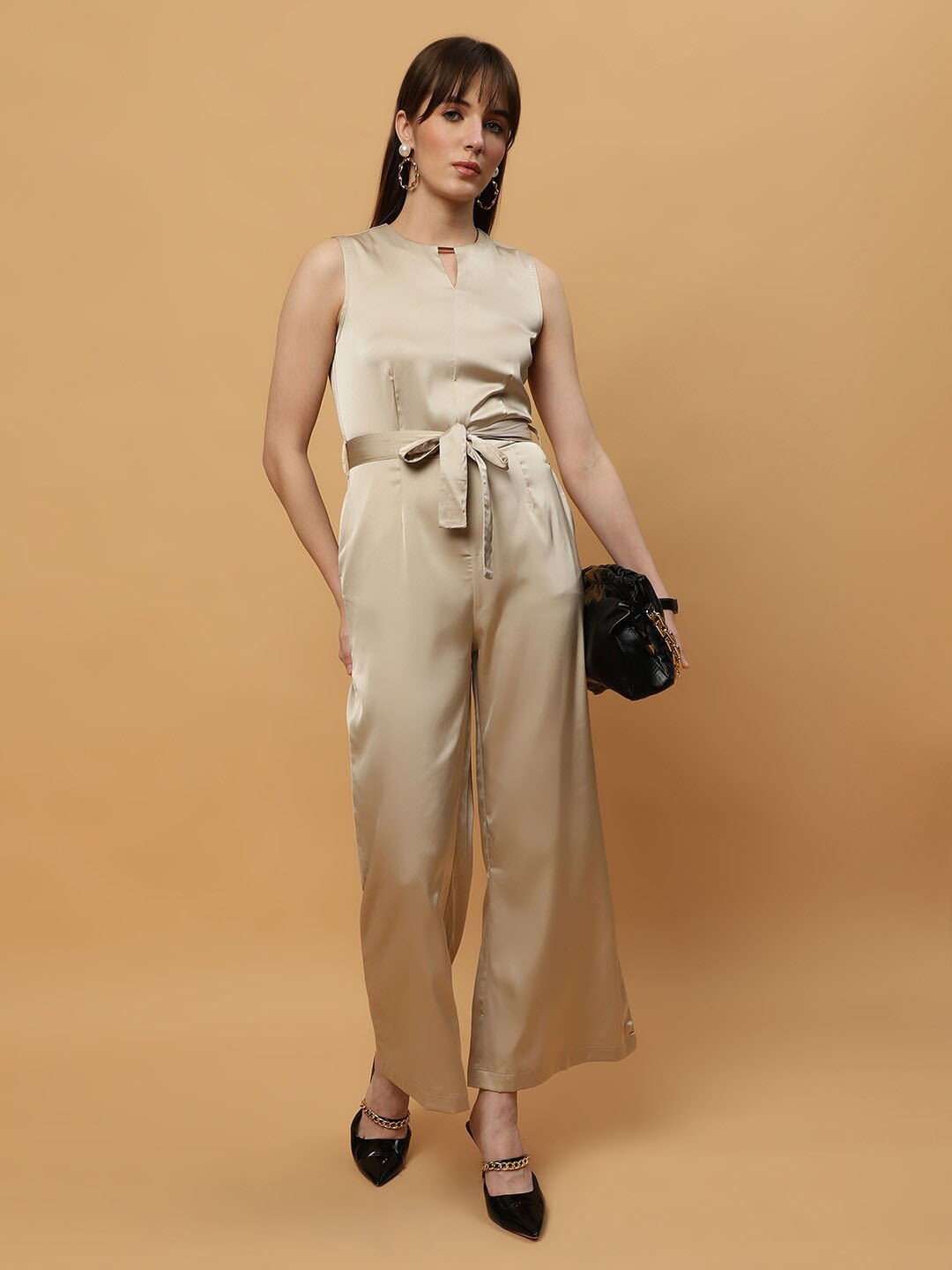 

Beatnik Round Neck Basic Jumpsuit, Brown