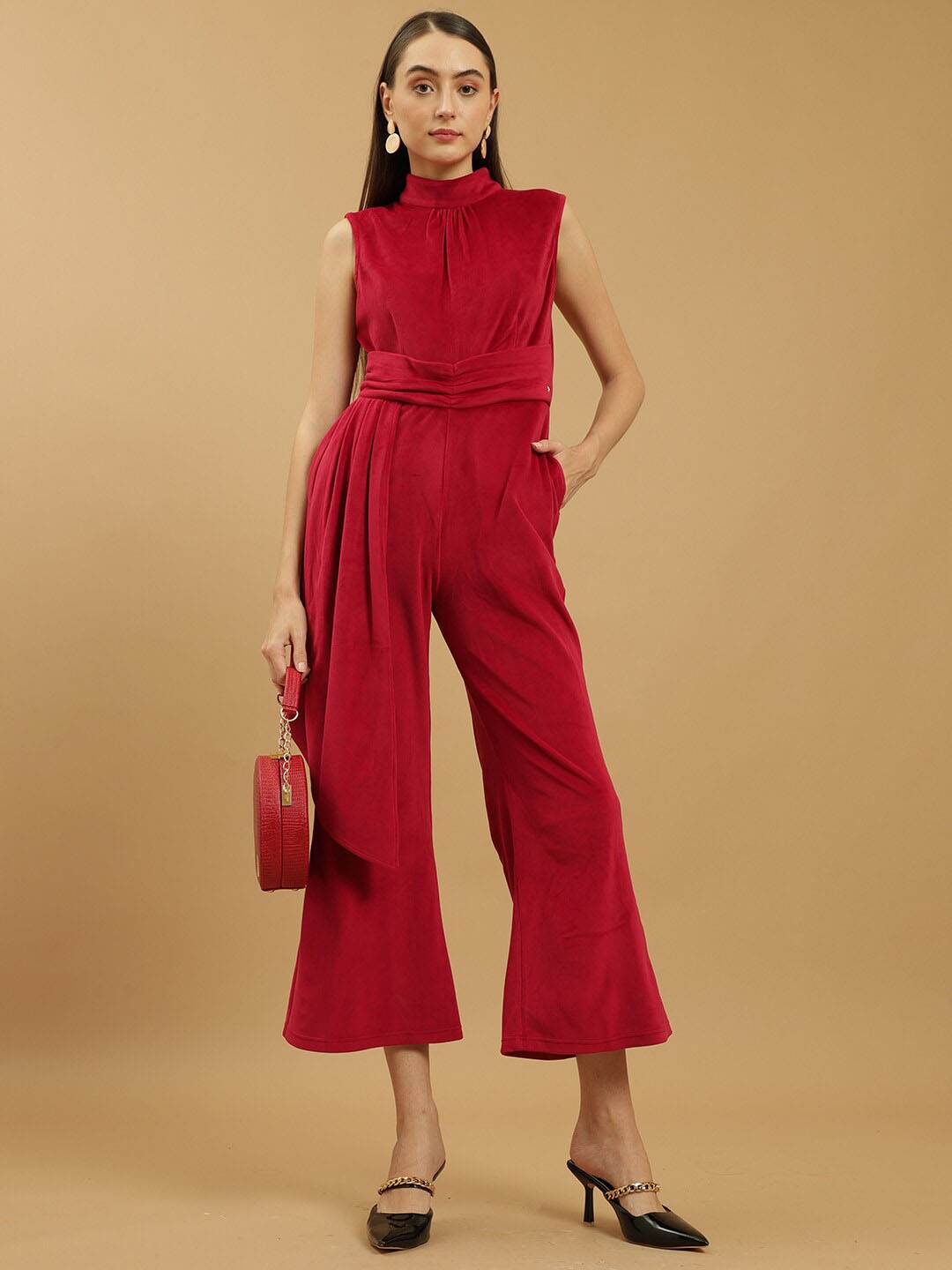 

Beatnik Round Neck Basic Jumpsuit, Red