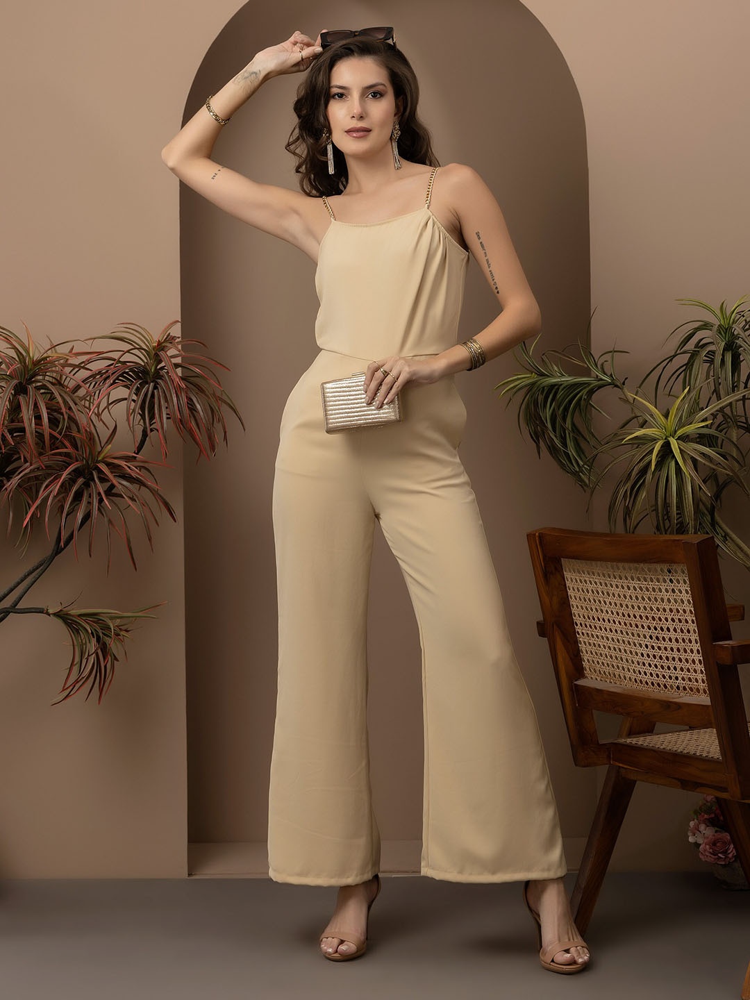 

Beatnik Shoulder Straps Basic Jumpsuit, Beige