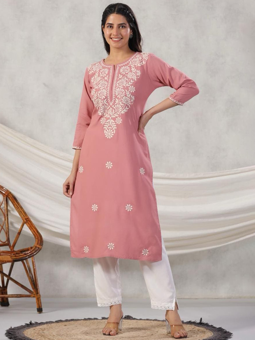 

INDYES Floral Embroidered Beads And Stones A-Line Kurta, Peach