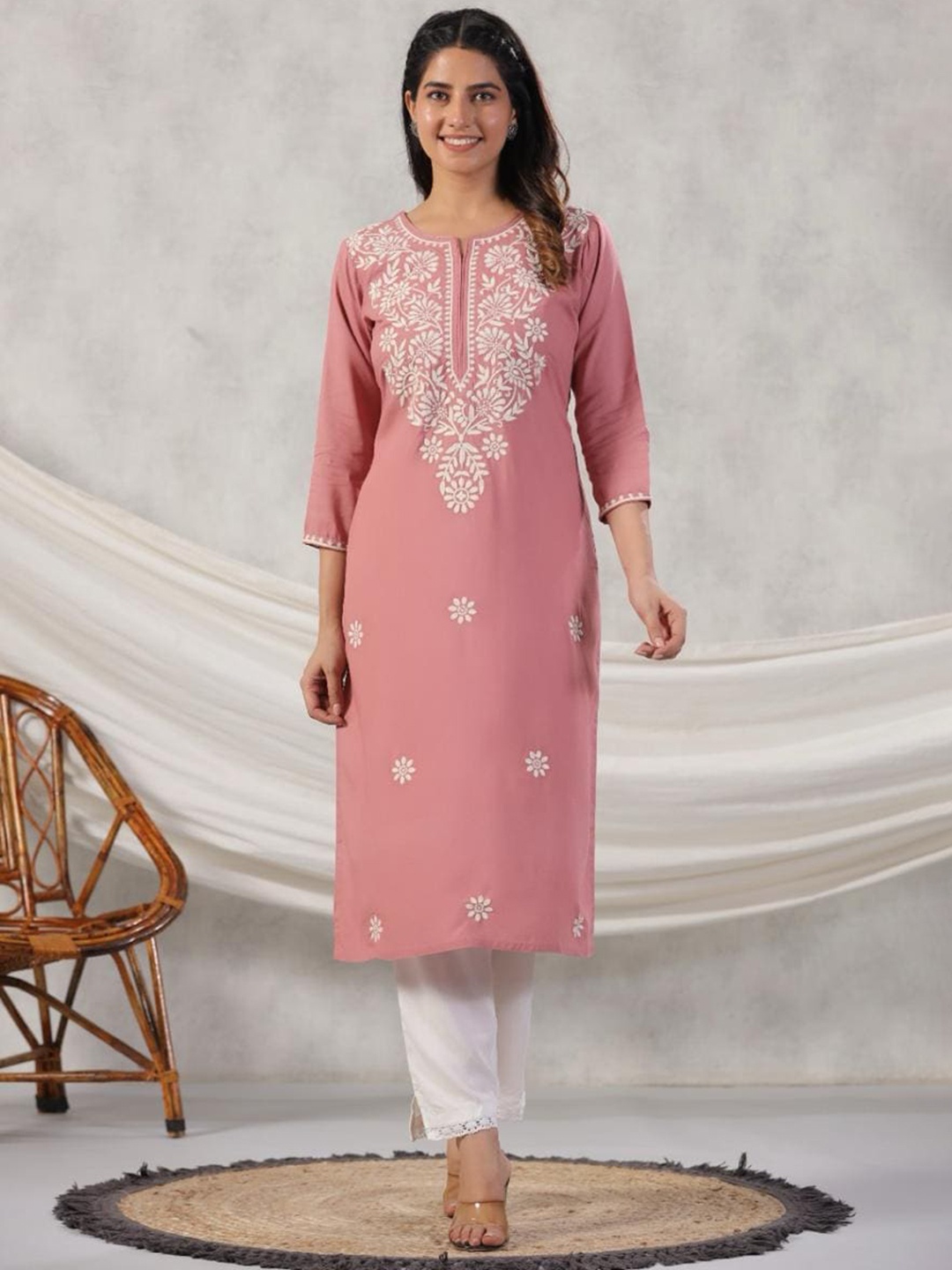

KALINI Floral Embroidered Regular Thread Work Round Neck Straight Kurta, Peach
