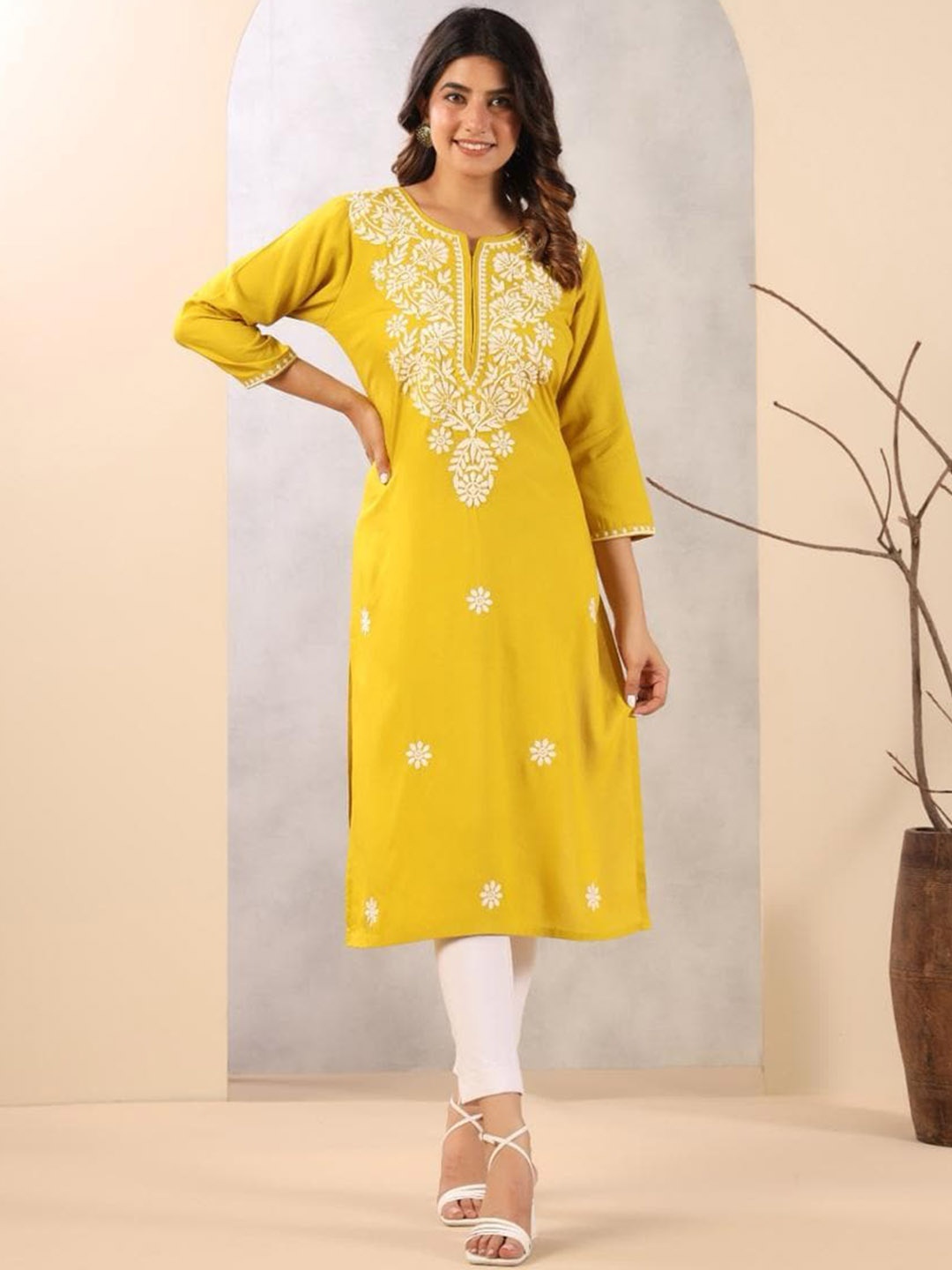 

KALINI Floral Embroidered Notch Neck Straight Kurta, Yellow