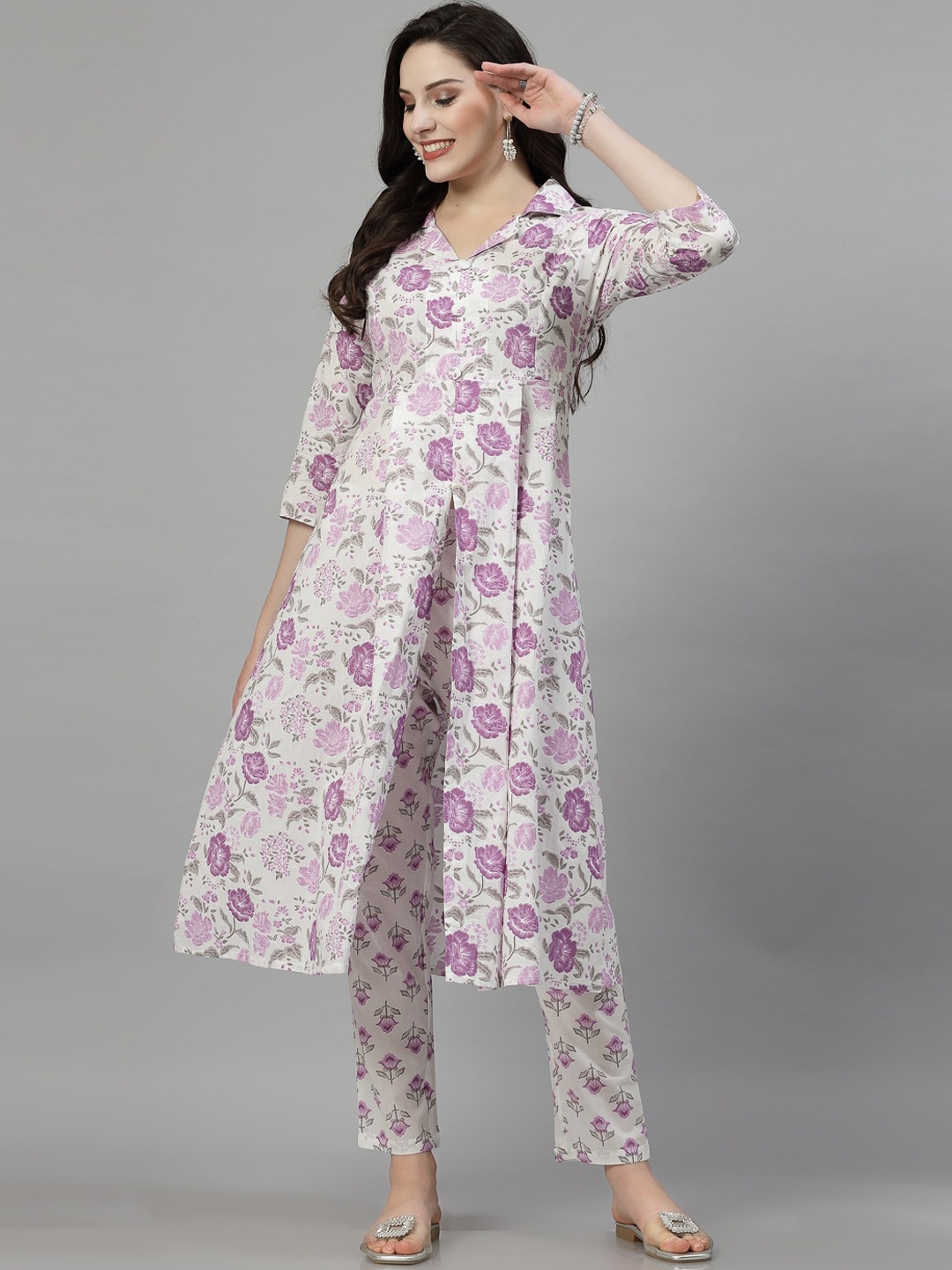 

SkyaSia Floral Printed Shirt Collar Pure Cotton A-Line Kurta With Trousers, White