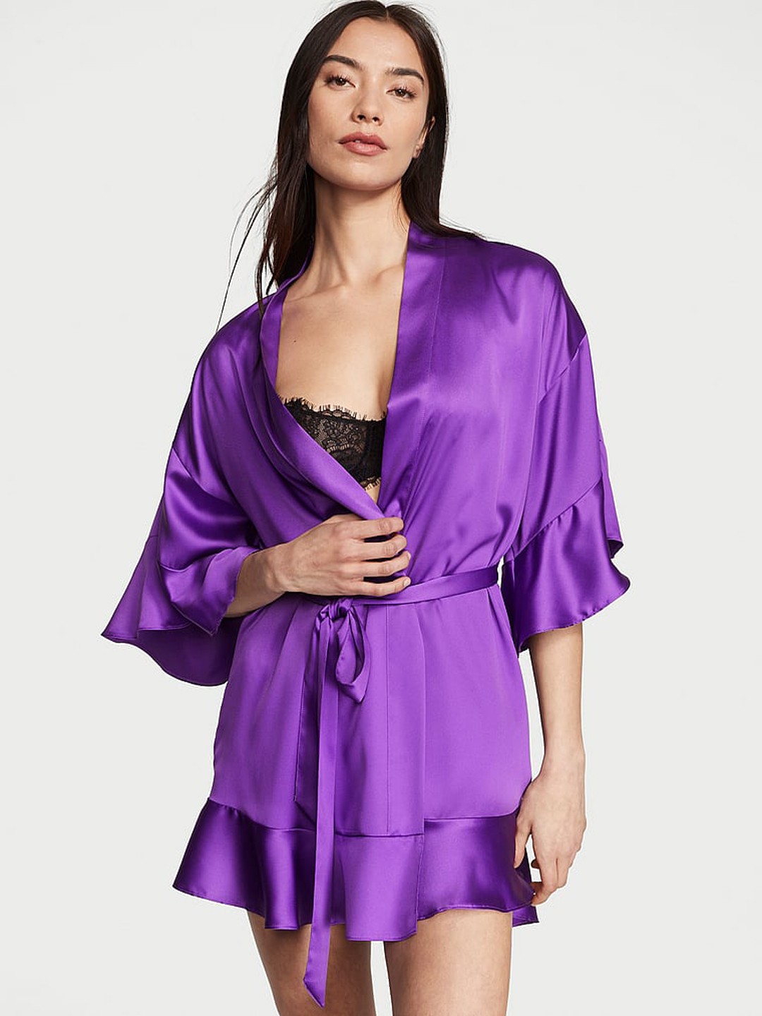

Victoria's Secret V-Neck Satin Flounce Mini Robe, Purple