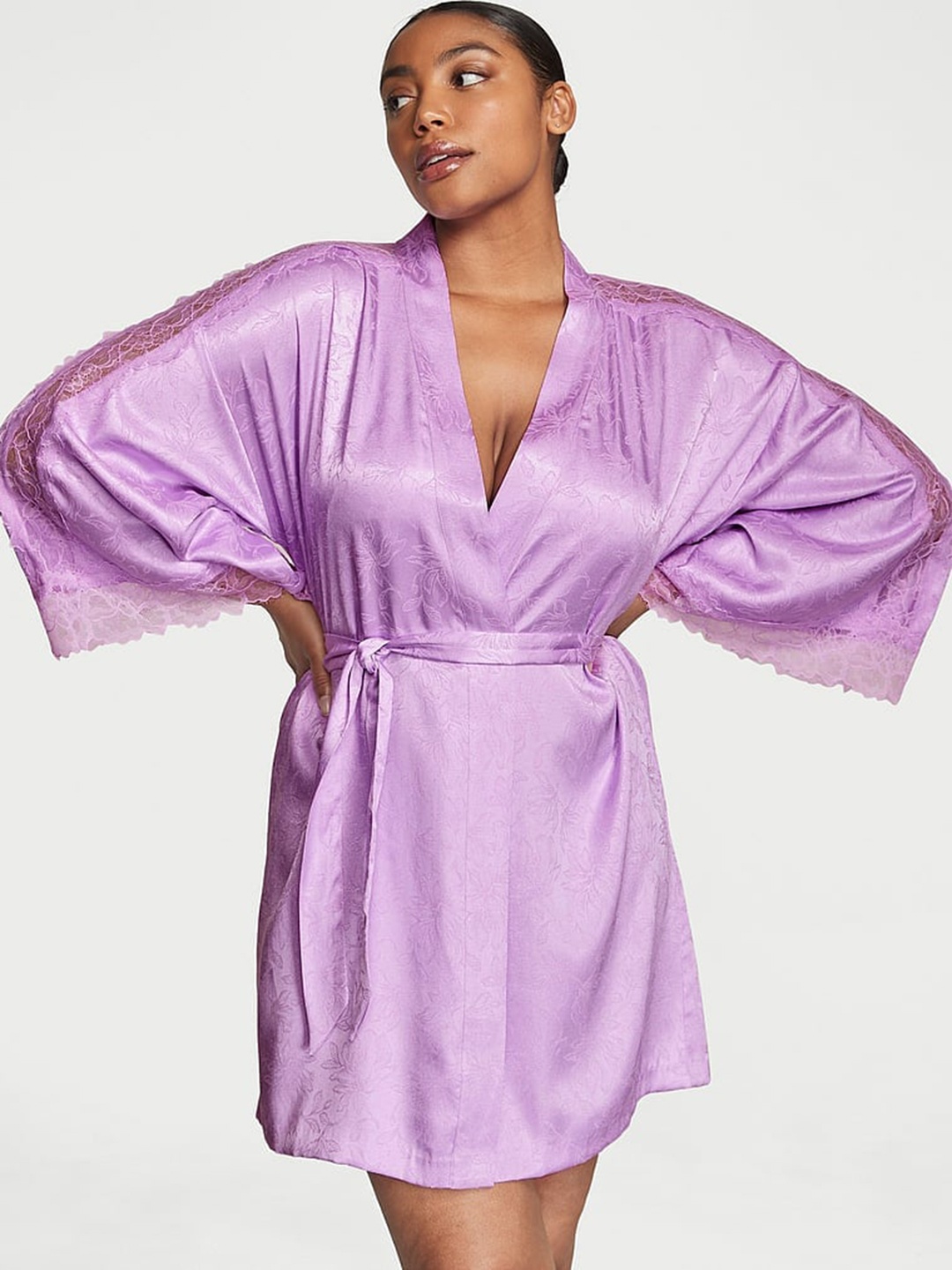 

Victoria's Secret Luxe Satin Jacquard Lace V-Neck Robe, Lavender
