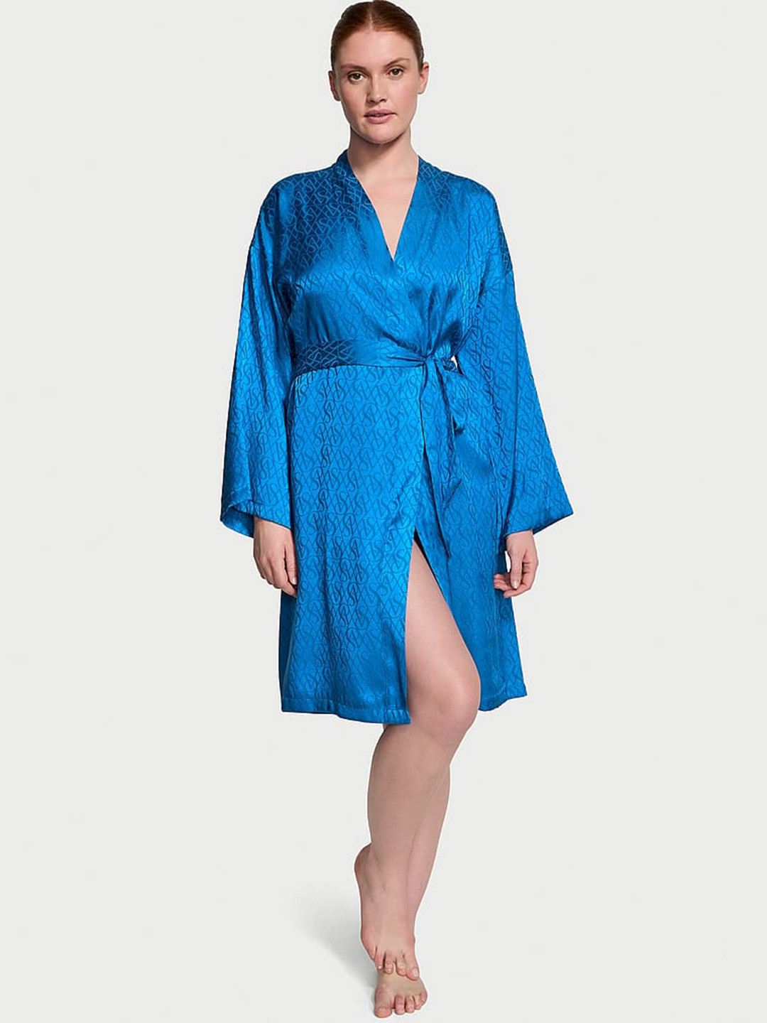 

Victoria's Secret Icon Printed Satin Knee Length Robe, Blue