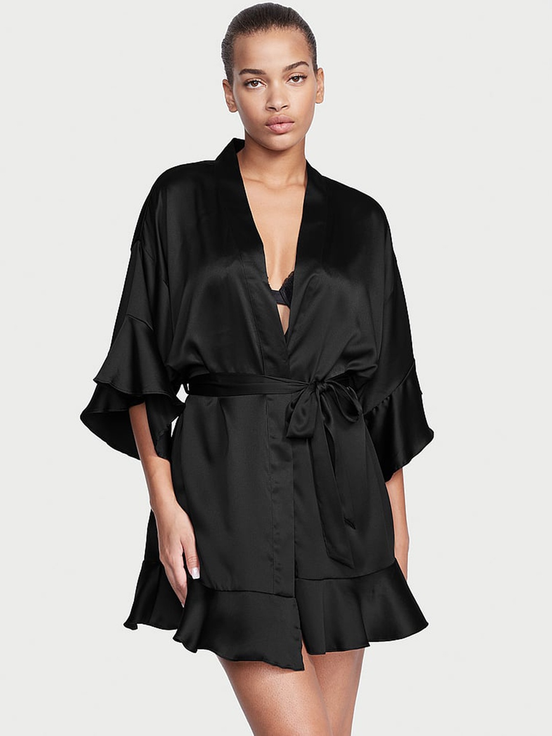 

Victoria's Secret Satin Flounce Mini Robe, Black