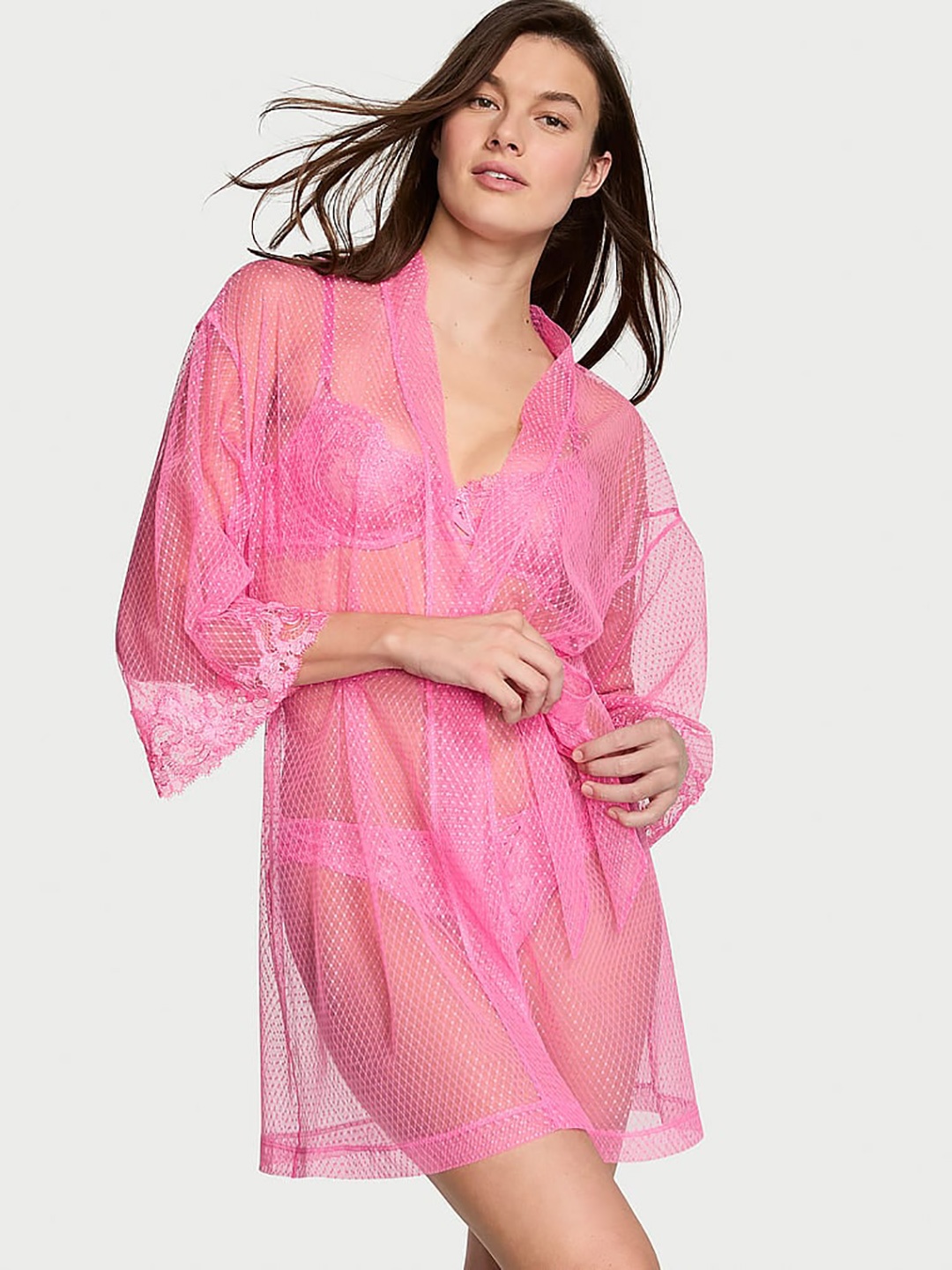 

Victoria's Secret Sheer Boho Floral Embroidered Mini Robe, Pink