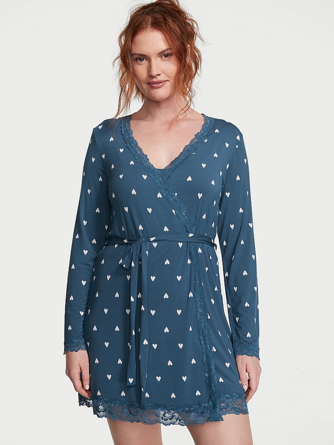 

Victoria's Secret Printed Modal Lace-Trim Robe, Teal