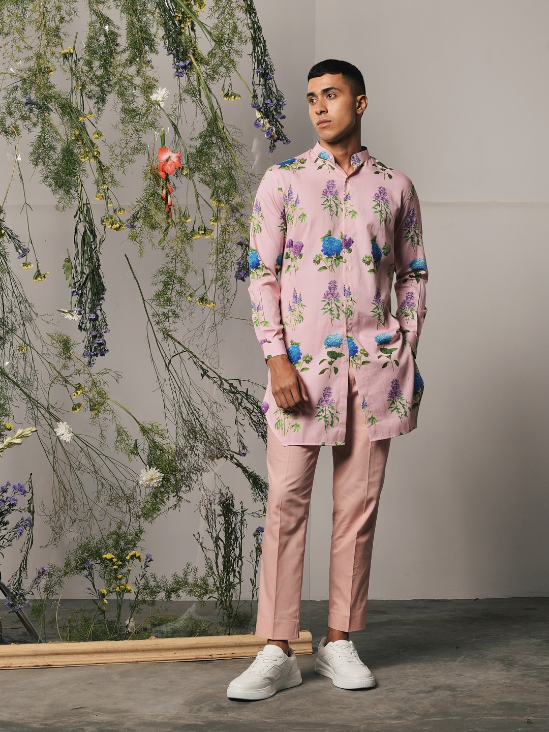 

Project Bandi Floral Printed Mandarin Collar Cotton Satin Kurta with Pyjamas Set, Pink