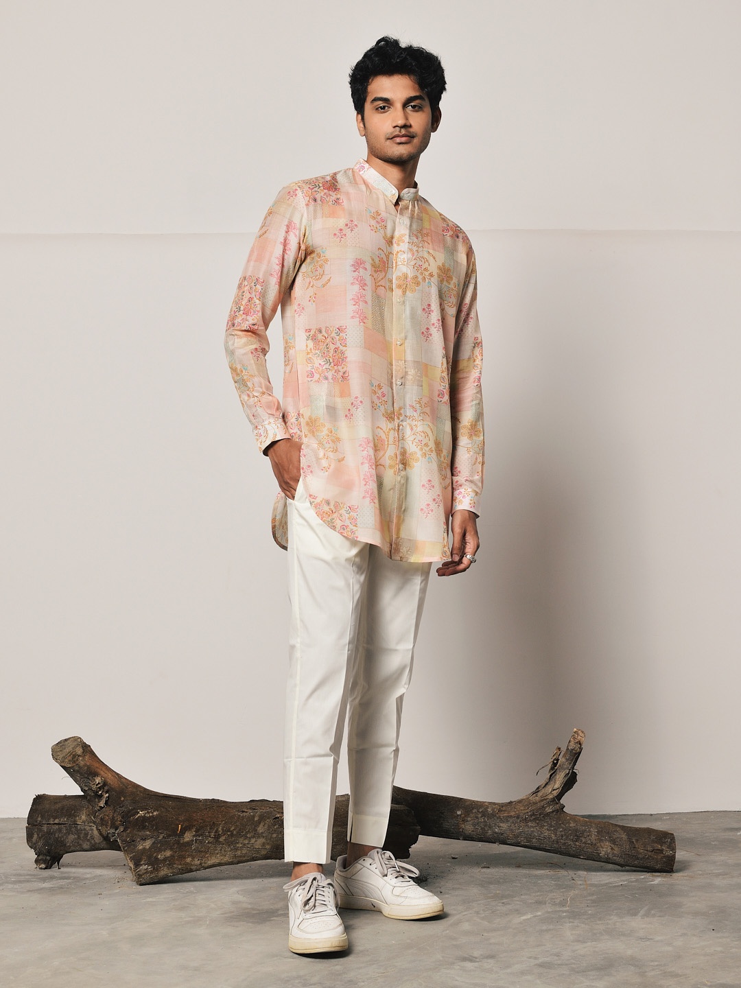 

Project Bandi Ethnic Motifs Printed Band Collar Kurta With Trousers, Rose