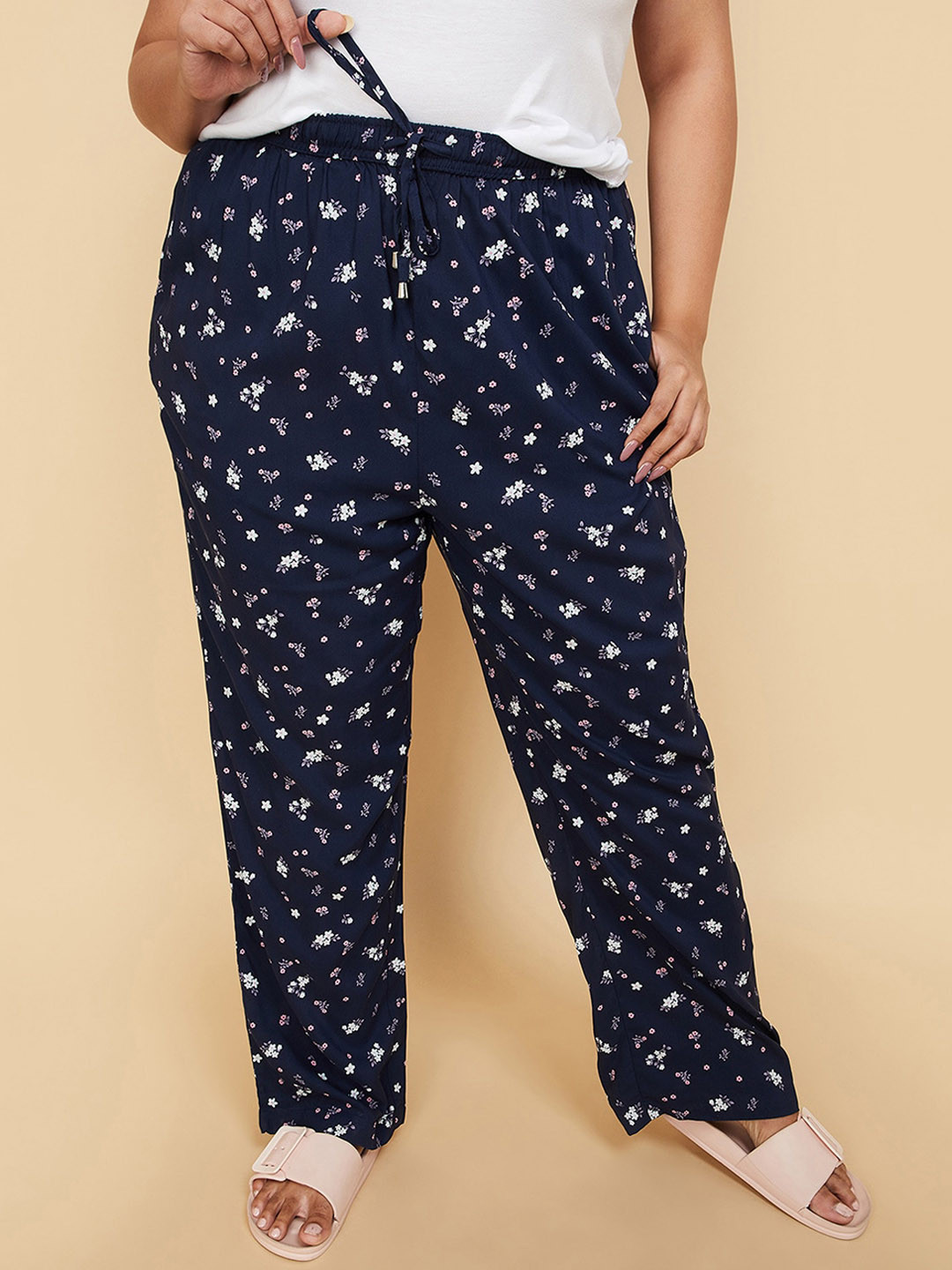

max Women Plus Size Floral Printed Pure Cotton Lounge Pant, Navy blue