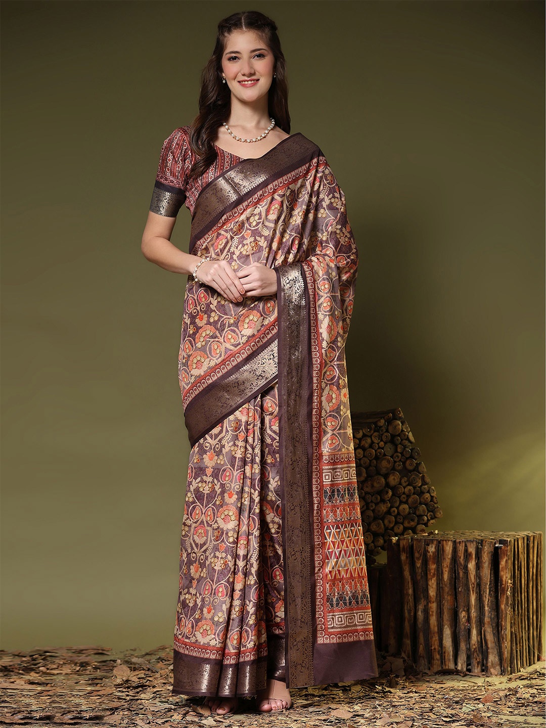 

PRATIBIMB Women Floral Zari Pure Silk Saree, Brown