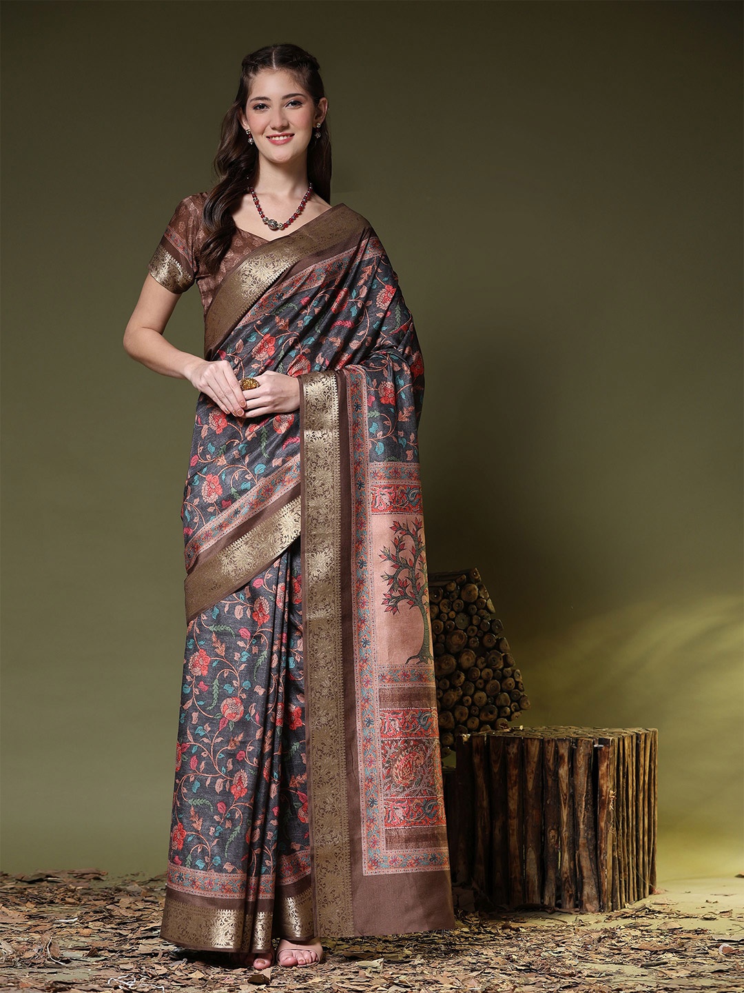 

PRATIBIMB Ethnic Motifs Zari Pure Silk Saree, Brown