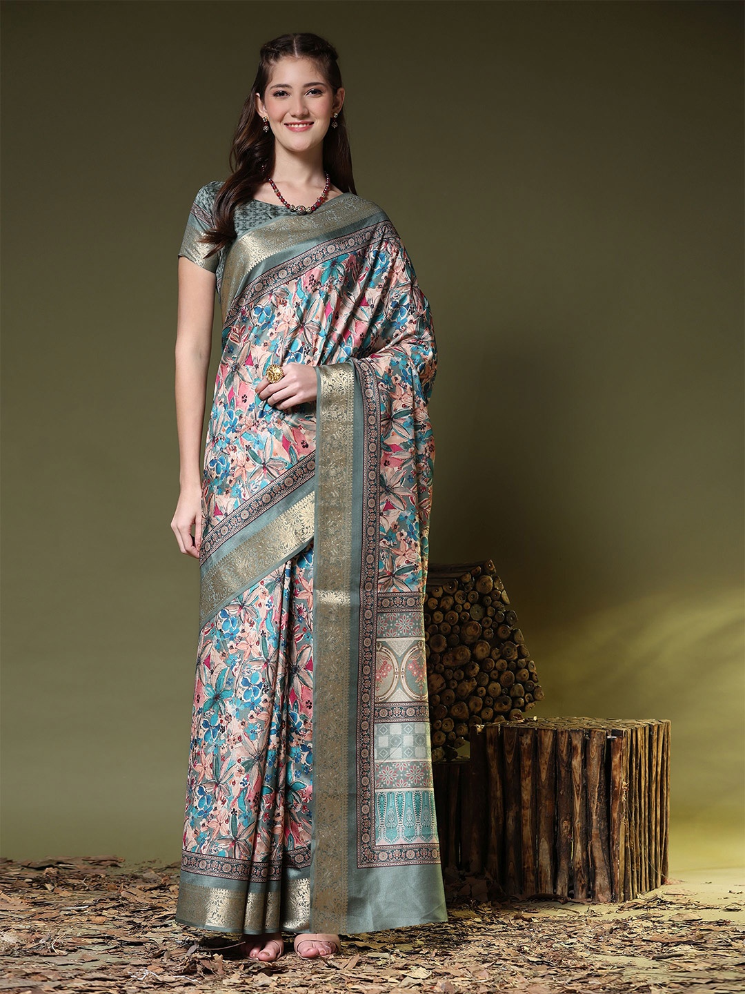 

PRATIBIMB Floral Zari Pure Silk Saree, Grey