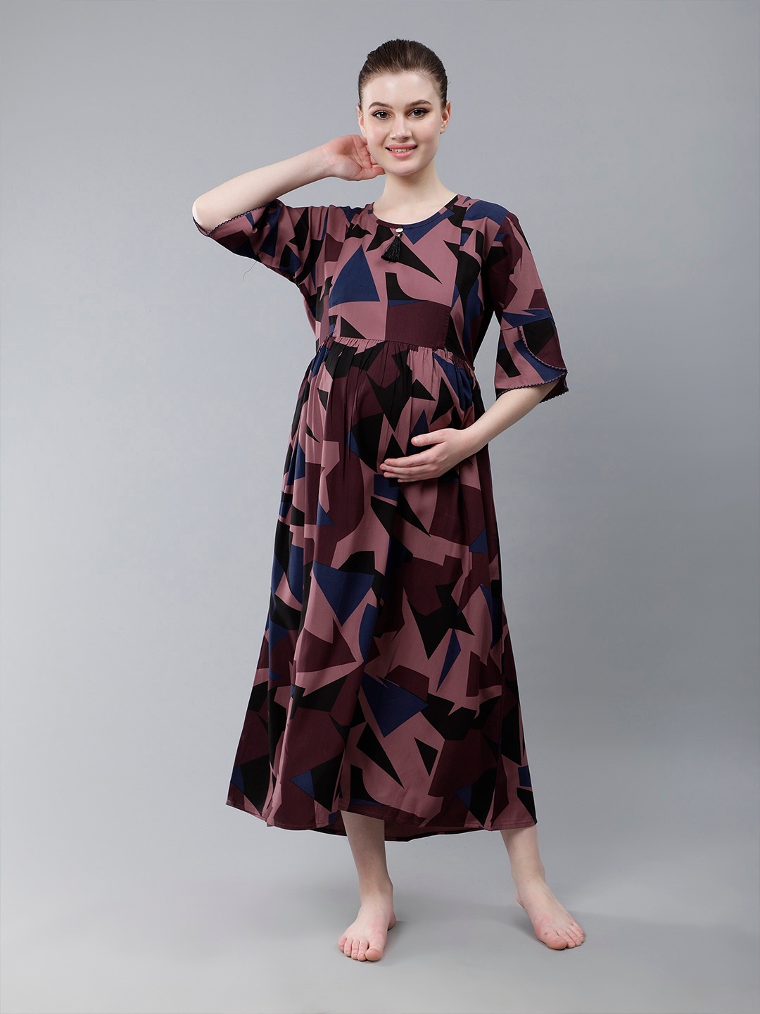 

NIGHTSPREE Geometric Printed Maternity Fit & Flare Midi Dress, Purple