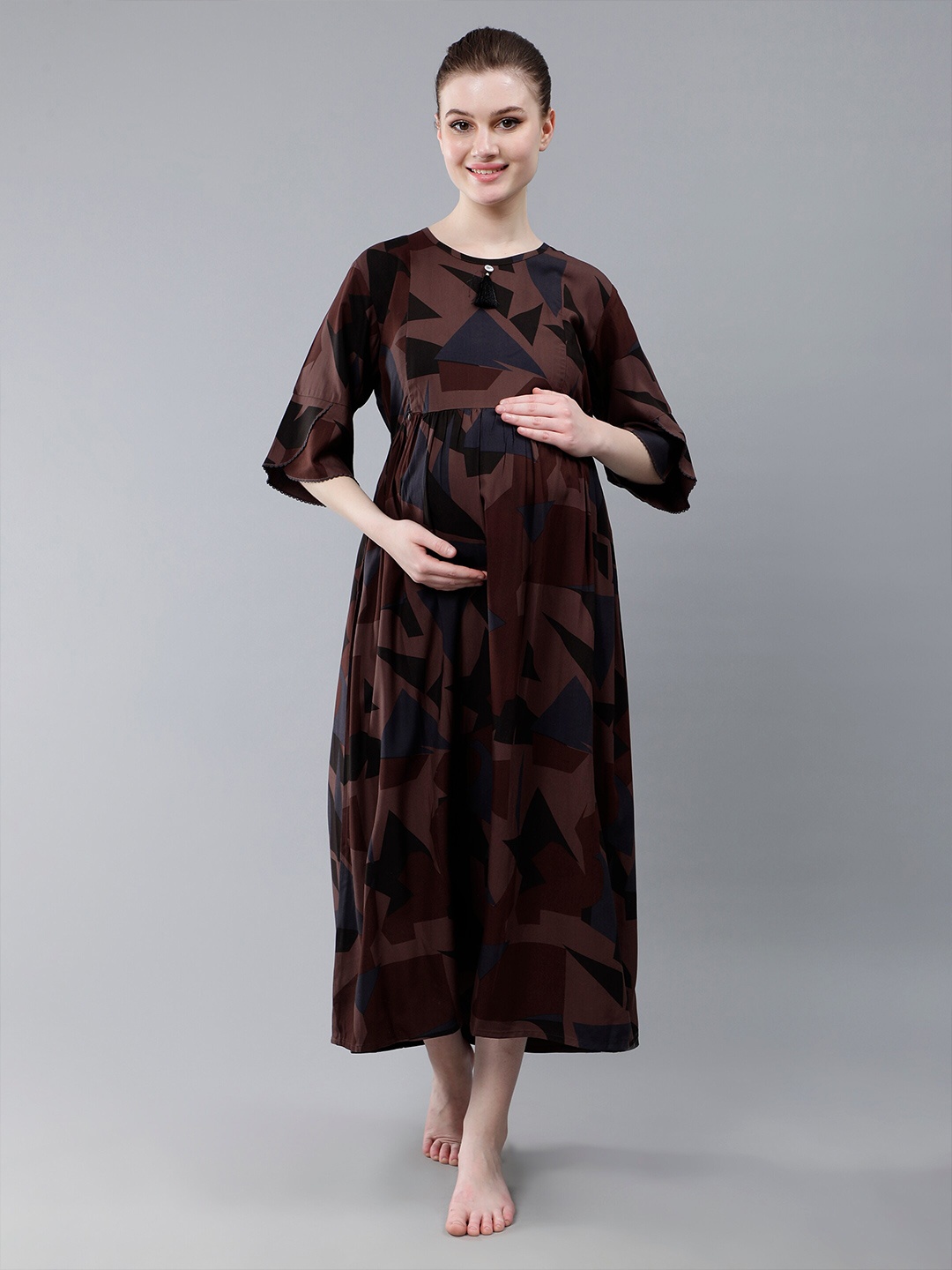 

NIGHTSPREE Abstract Printed Keyhole Neck Flared Sleeve Maternity Fit & Flare Midi Dress, Brown