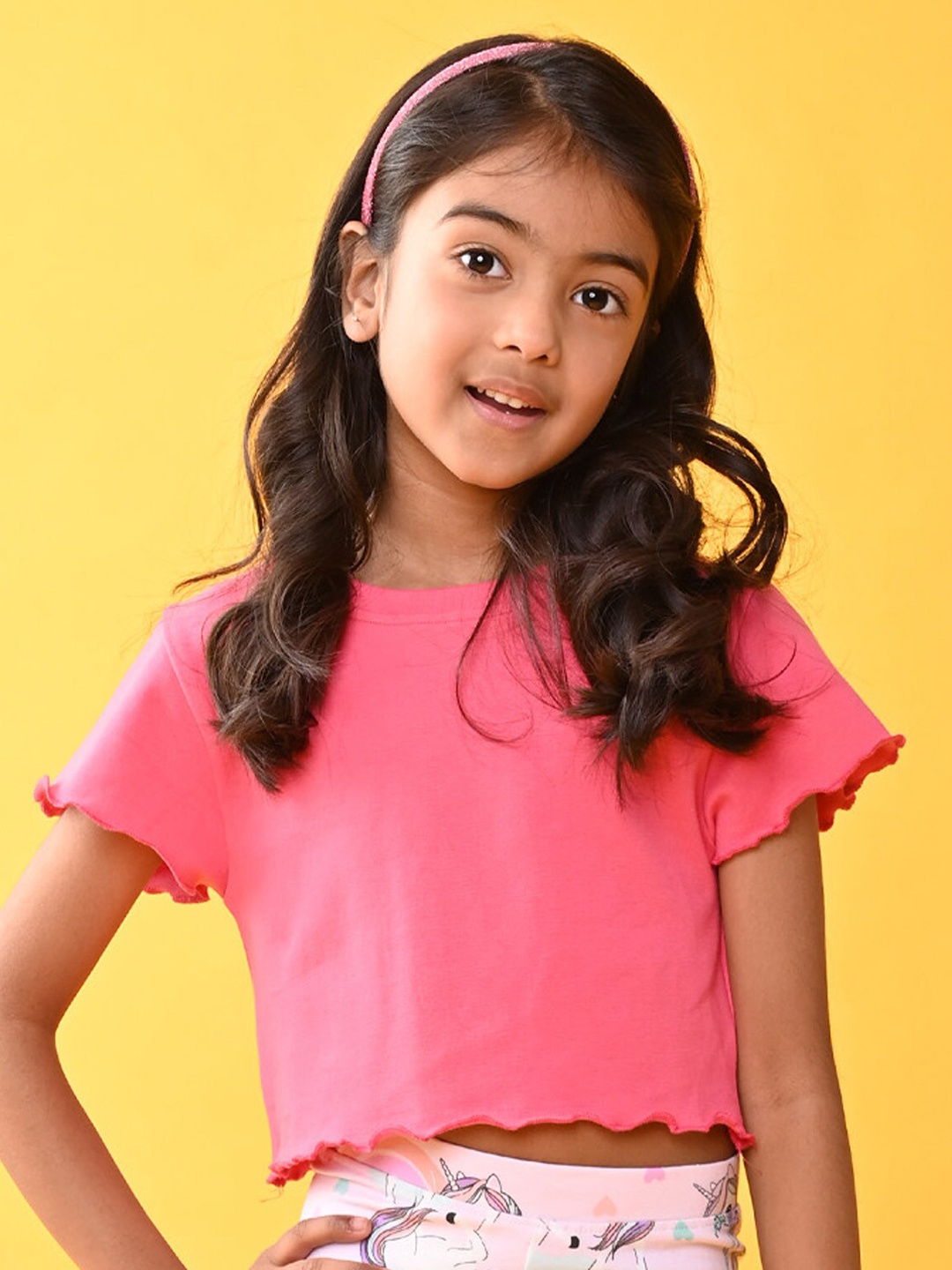 

Anthrilo Girls Vertical Striped Round Neck Short Sleeves Crop Length Boxy Top, Pink