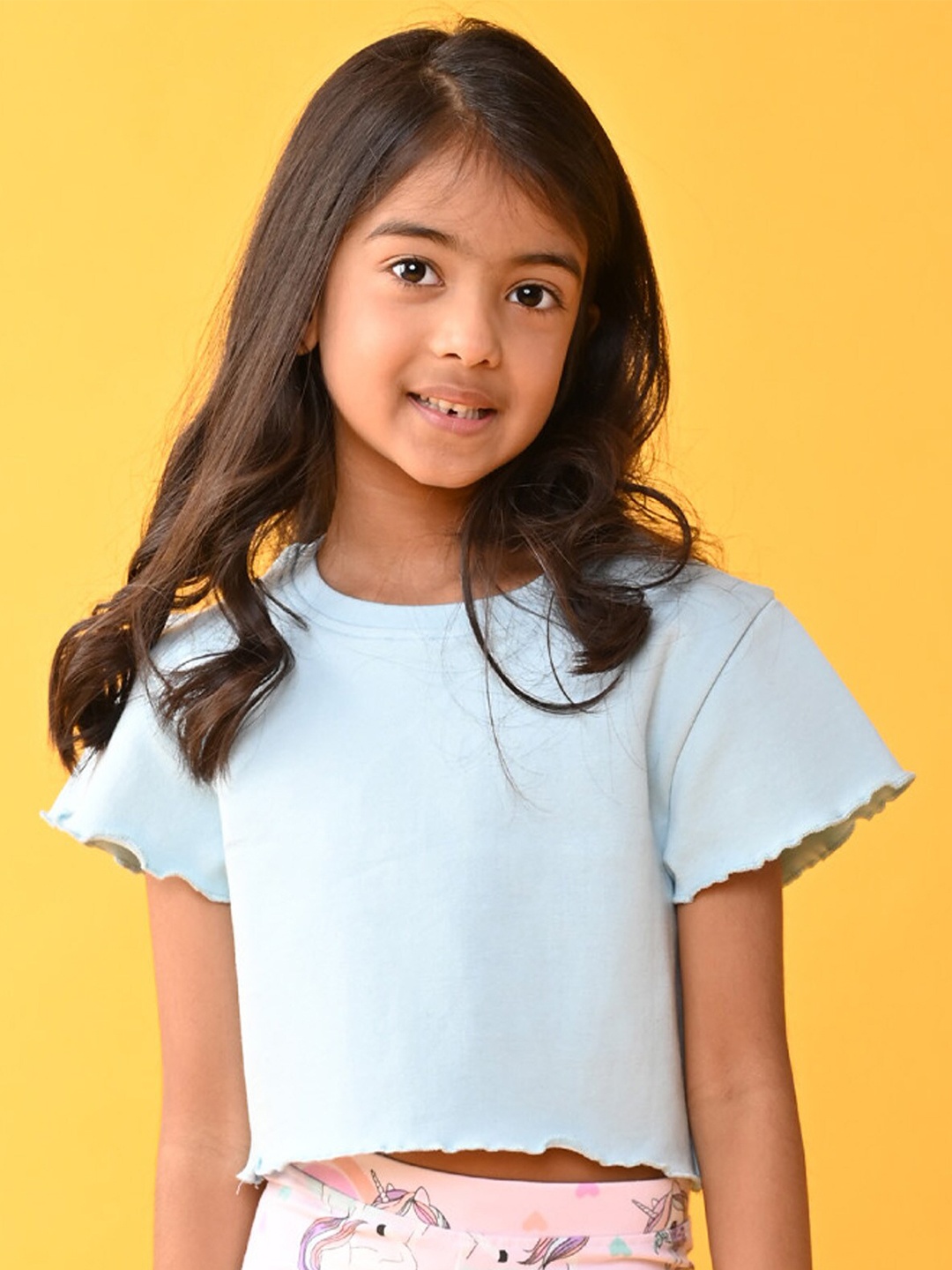 

Anthrilo Girls Vertical Striped Round Neck Short Sleeves Crop Length Boxy Top, Blue