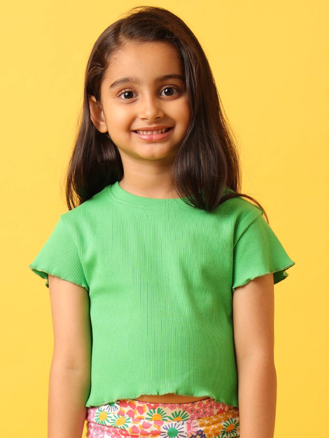 

Anthrilo Girl Self Design Round Neck Short Sleeves Boxy Crop Top, Green